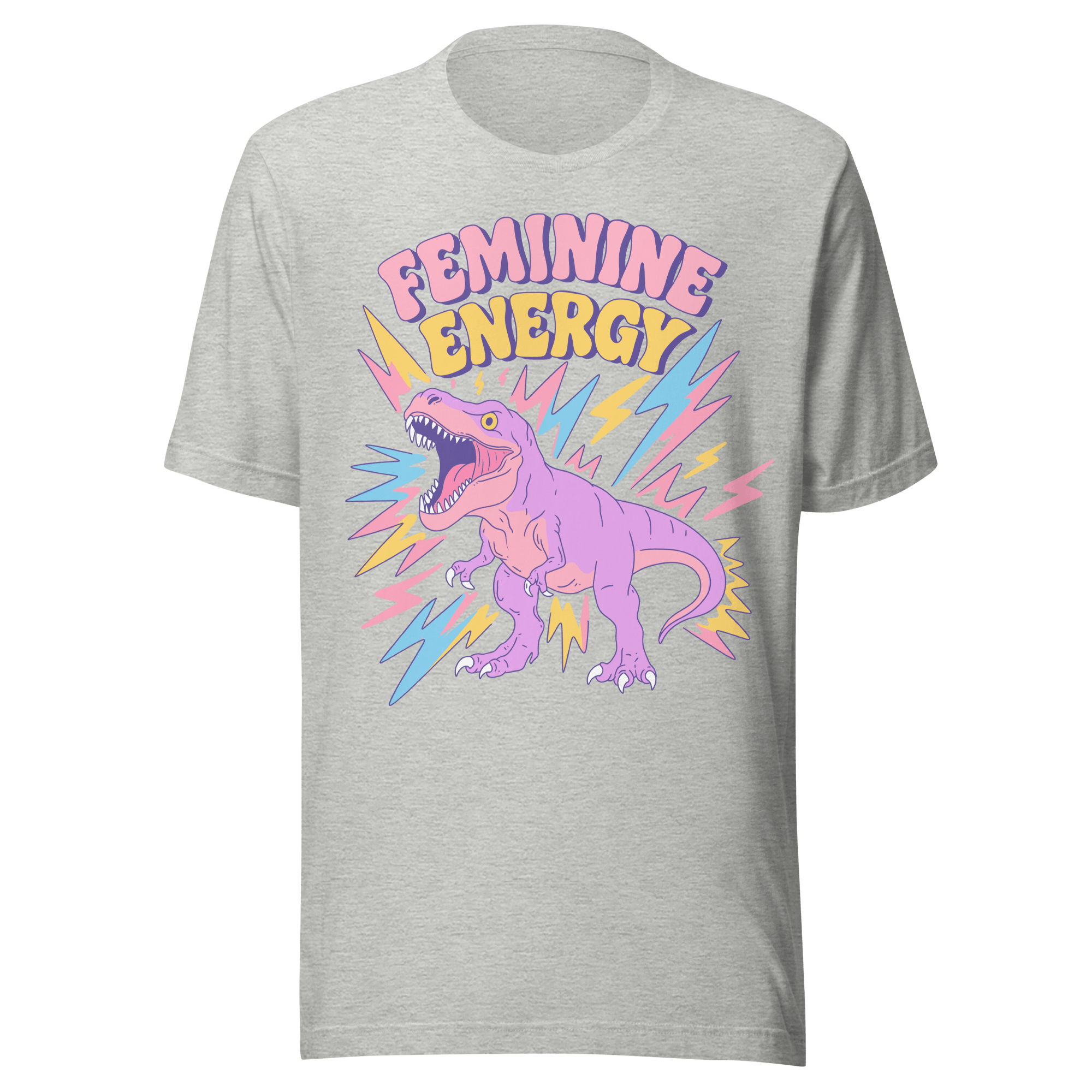 Feminine Energy T-Rex T-Shirt featuring a fierce pastel T-rex design with lightning bolts in vibrant colors.