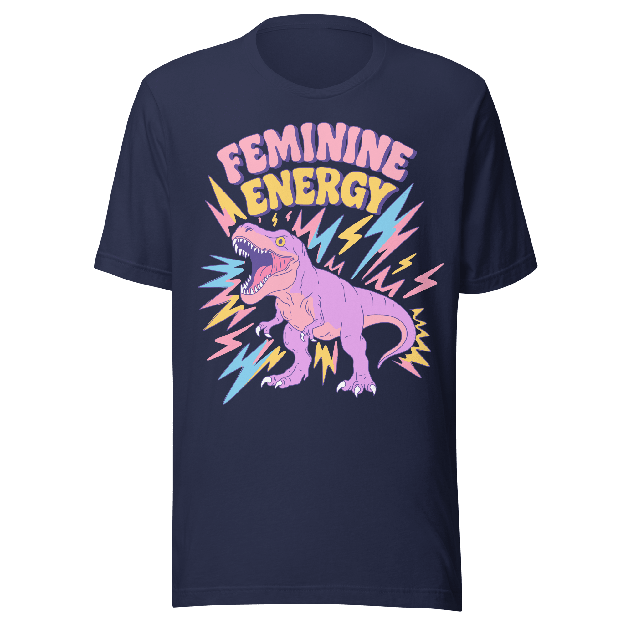 Feminine Energy T-Rex T-Shirt featuring a pastel T-rex surrounded by lightning bolts in vibrant colors.