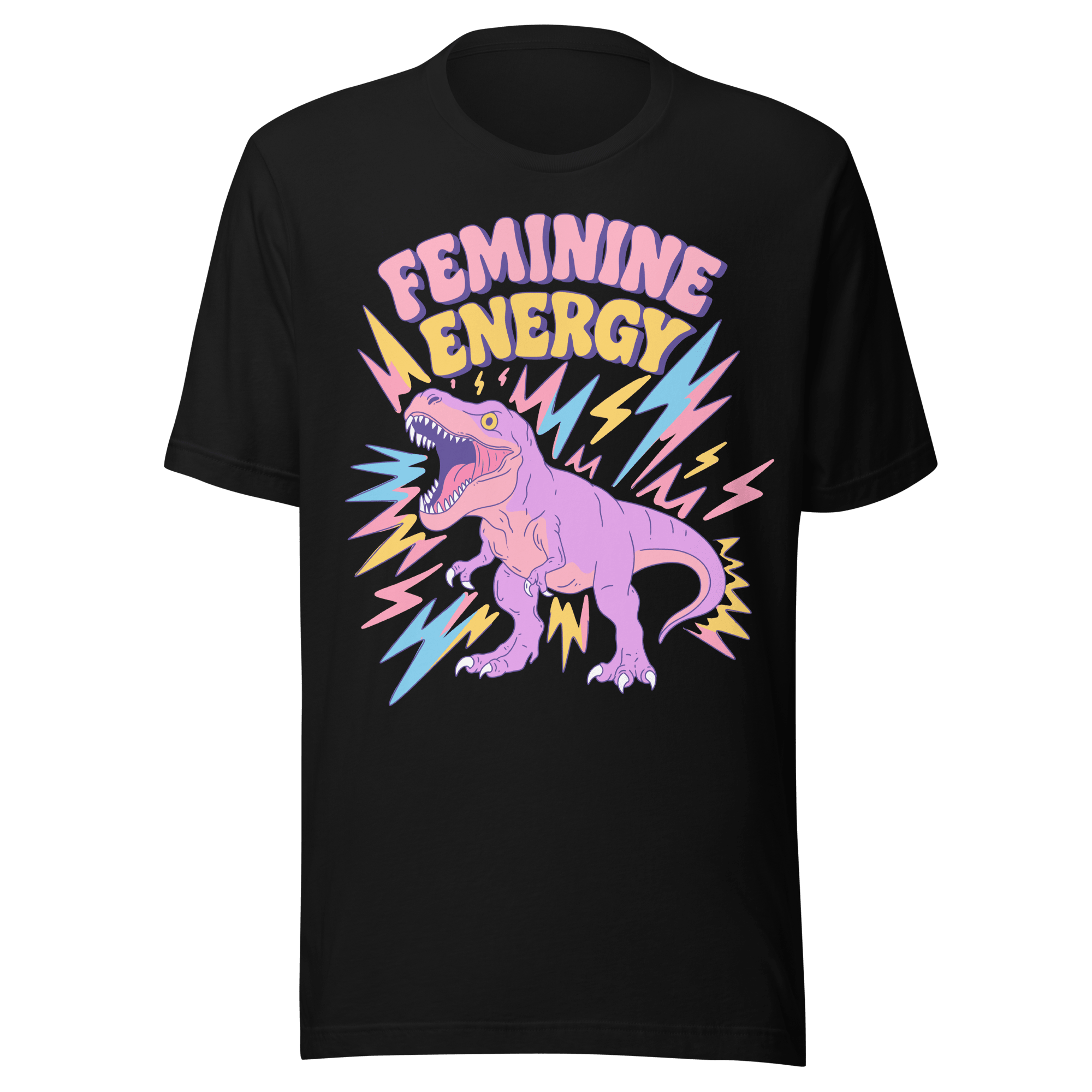 Feminine Energy T-Rex T-Shirt featuring a pastel T-rex with a unicorn horn and lightning bolts in vibrant colors.