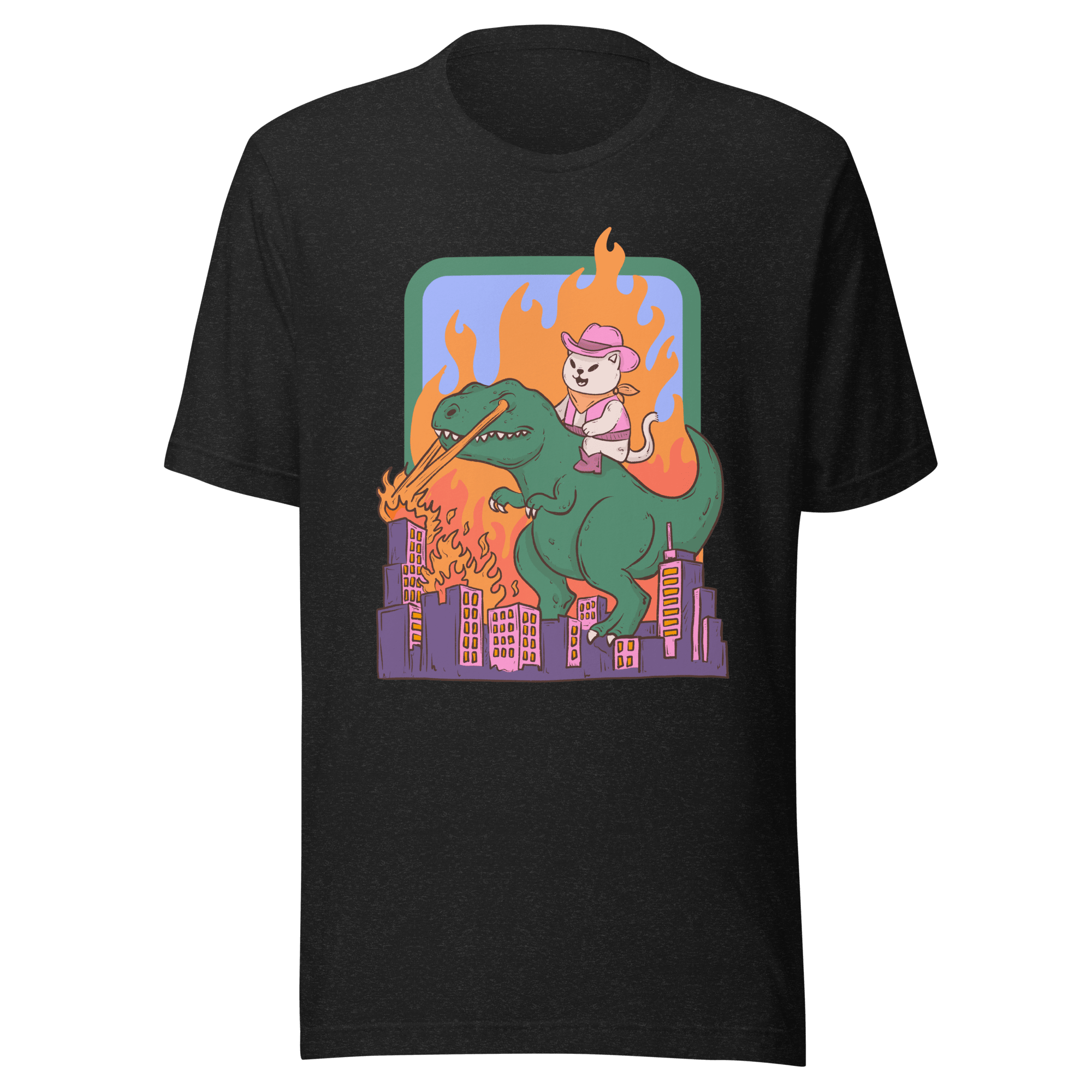 Cowboy Cat Riding Dinosaur Funny T-Shirt | Cartoon Kaiju Tee - Jess.a.creates