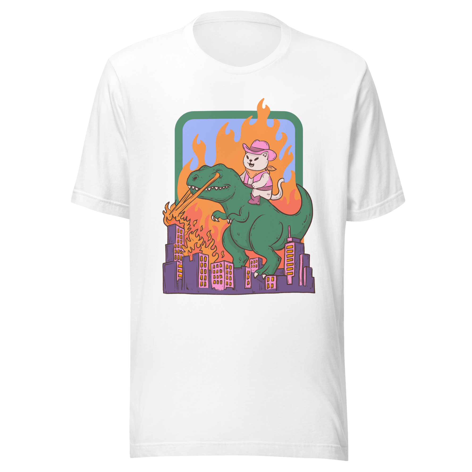 Cowboy Cat Riding Dinosaur T-Shirt featuring a cartoon cat in a cowboy hat on a dinosaur in a burning city.