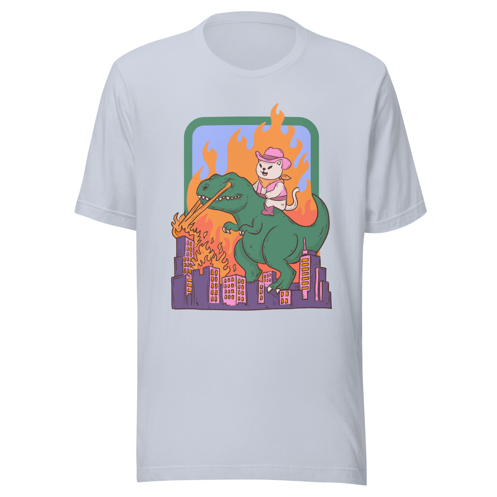 Cowboy Cat Riding Dinosaur Funny T-Shirt | Cartoon Kaiju Tee - Jess.a.creates