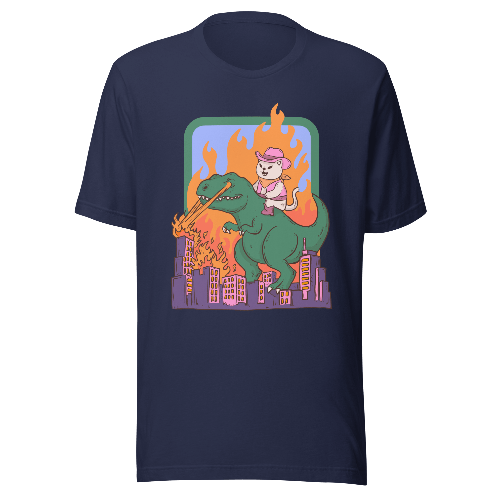Cowboy Cat Riding Dinosaur T-Shirt featuring a cat in a cowboy hat riding a dinosaur through a burning city skyline.