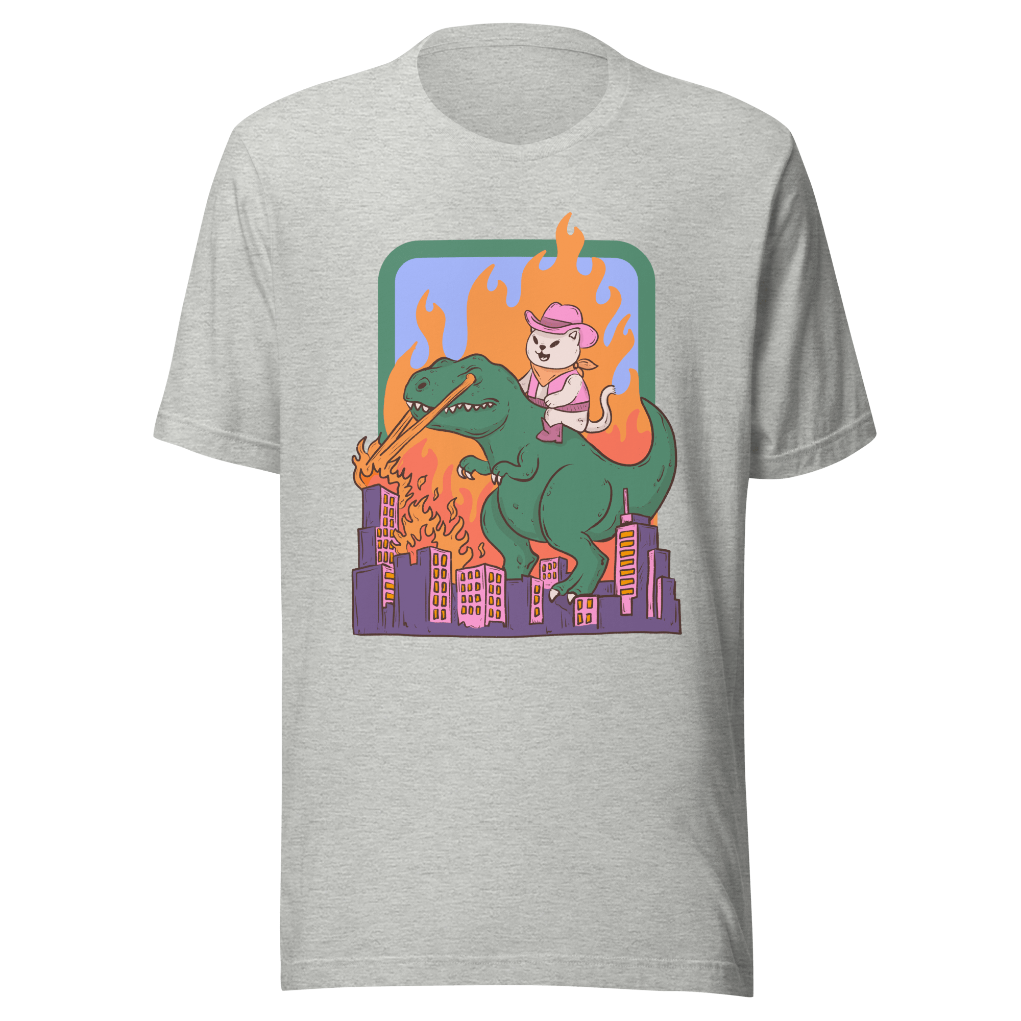 Cowboy Cat Riding Dinosaur T-Shirt featuring a kitten in a cowboy hat on a dinosaur in a burning city.