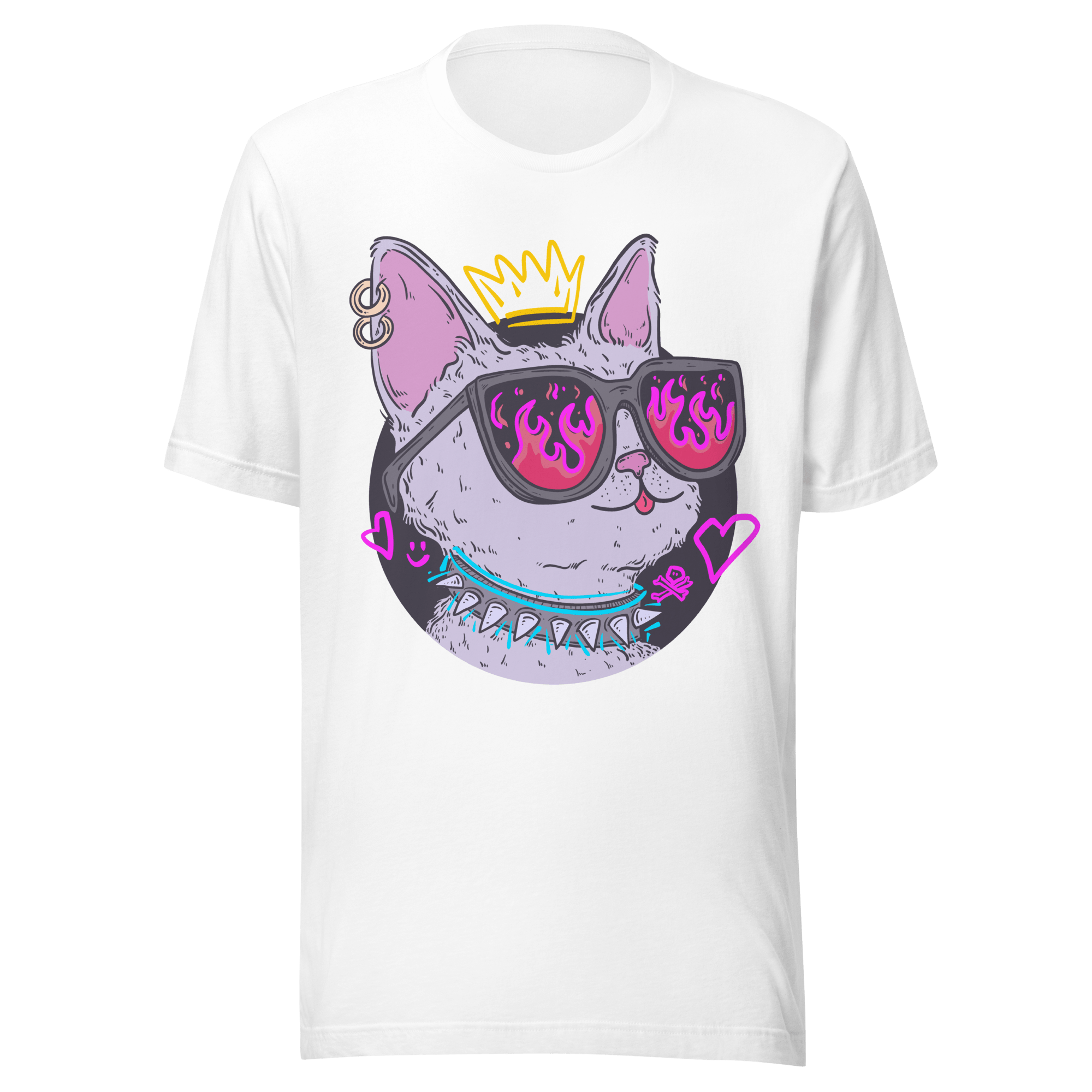 Punk Cat T-Shirt featuring a crowned cat with pink flame sunglasses and a spiked collar, showcasing an edgy design.