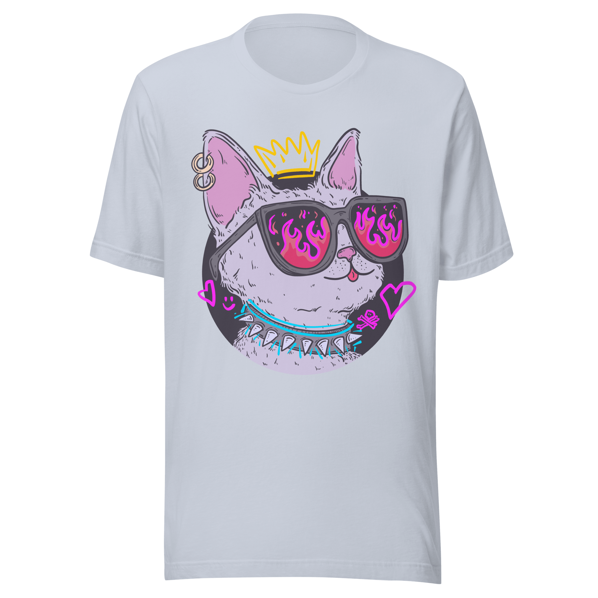 Punk Cat T-Shirt featuring a crowned cat with pink flame shades and spiked collar in a fun graphic design.