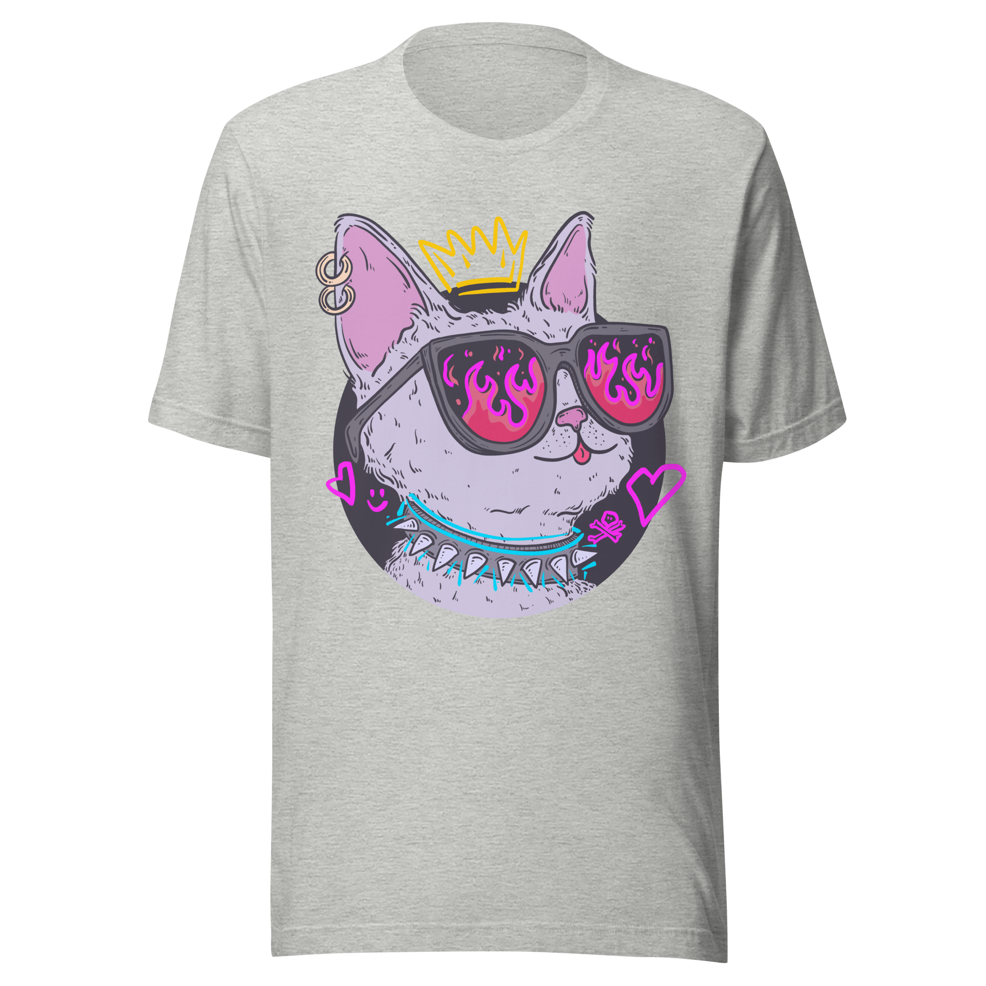 Punk Cat T-Shirt featuring a crowned cat with pink flame sunglasses and a spiked collar, embodying an edgy style.