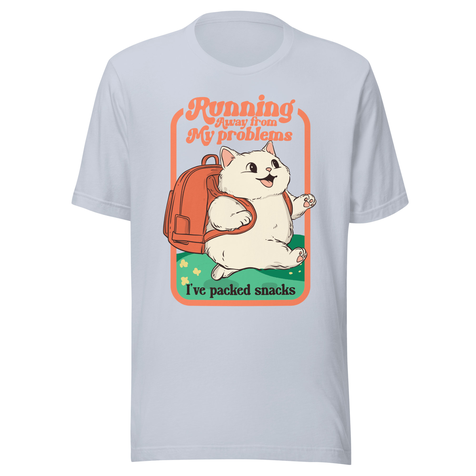 Running Away From My Problems Cat T-Shirt featuring a happy cat with a backpack and the text I've packed snacks.