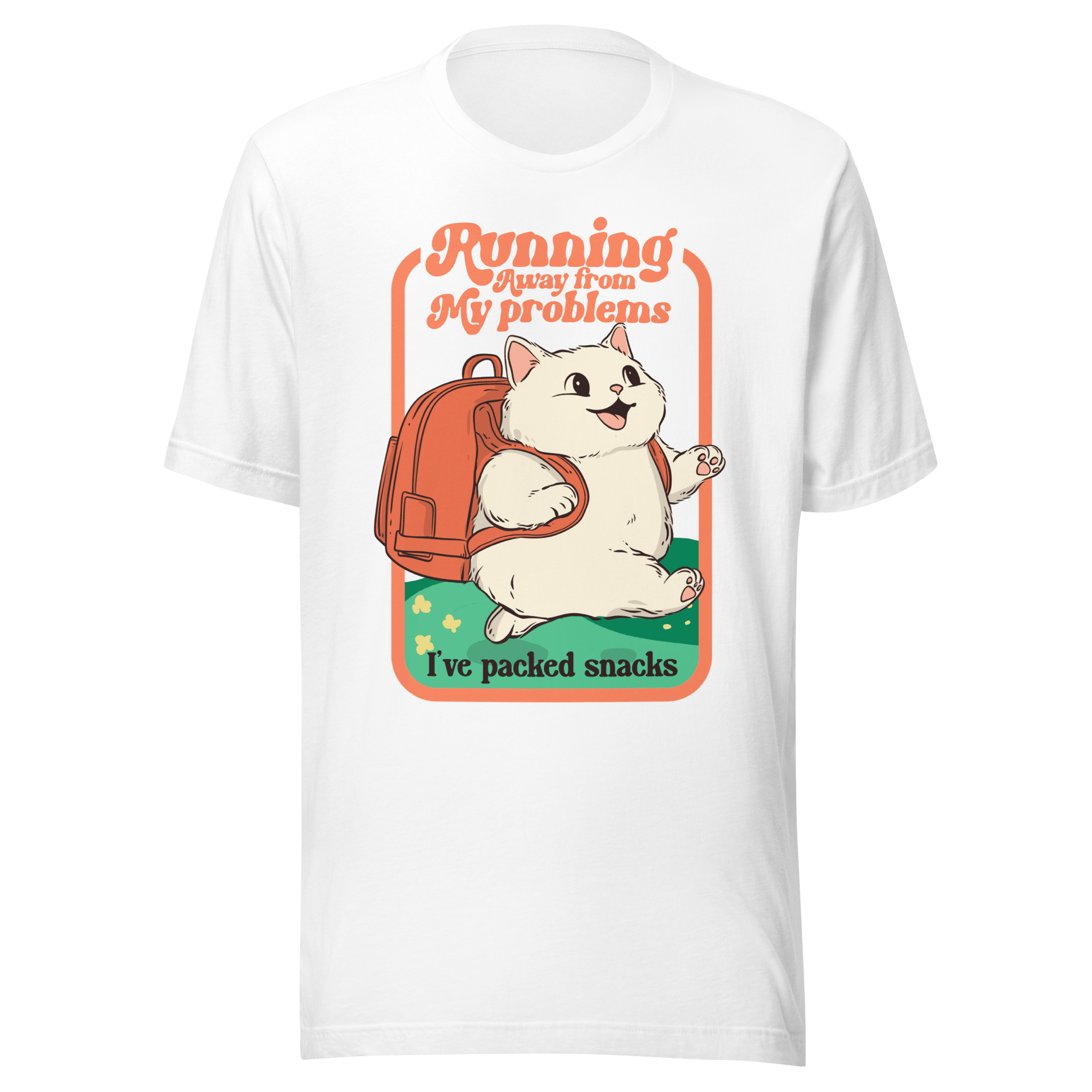 Running Away From My Problems Cat T-Shirt featuring a cheerful cat with a backpack.