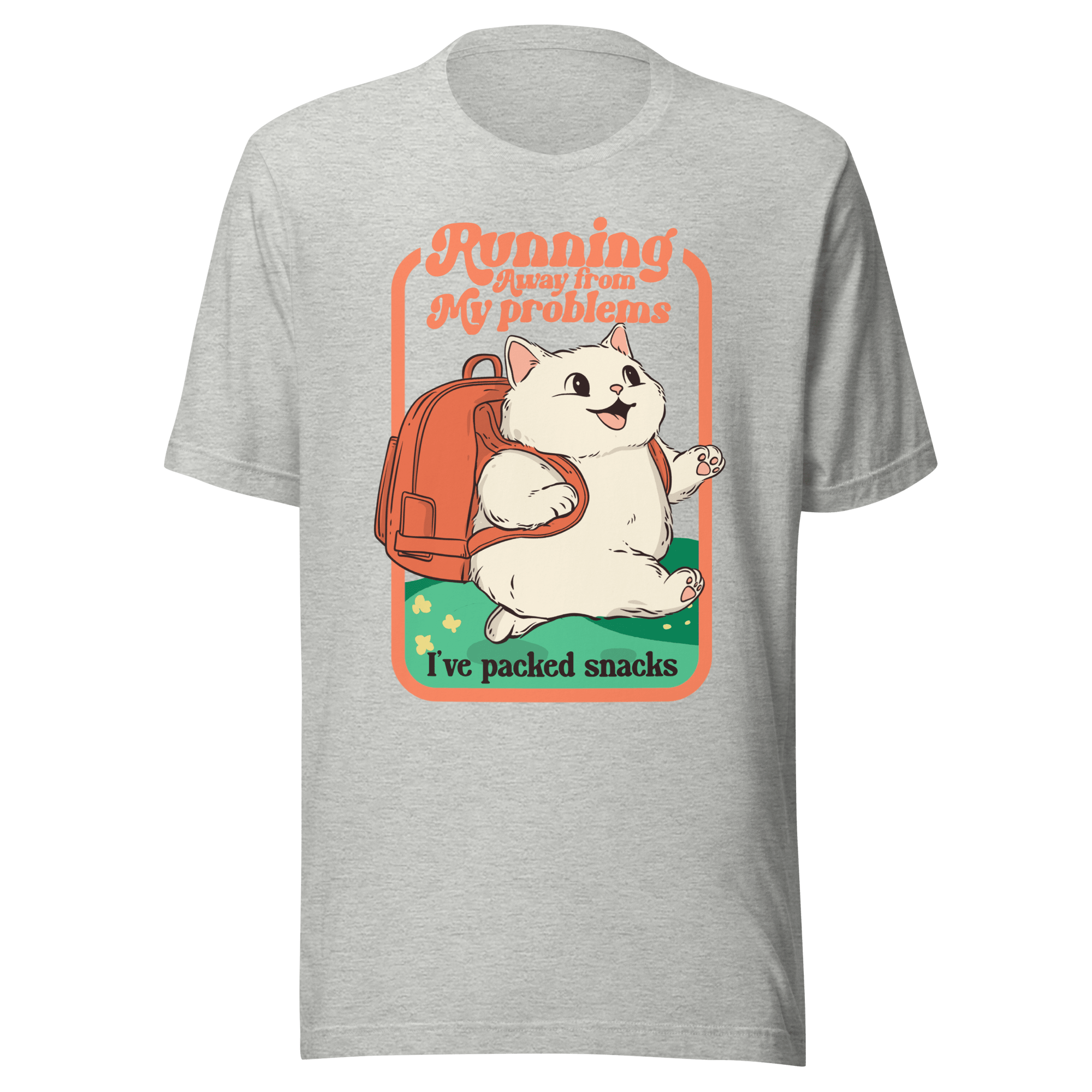 Running Away From My Problems Cat T-Shirt featuring a cute cat with a backpack ready for an adventure.