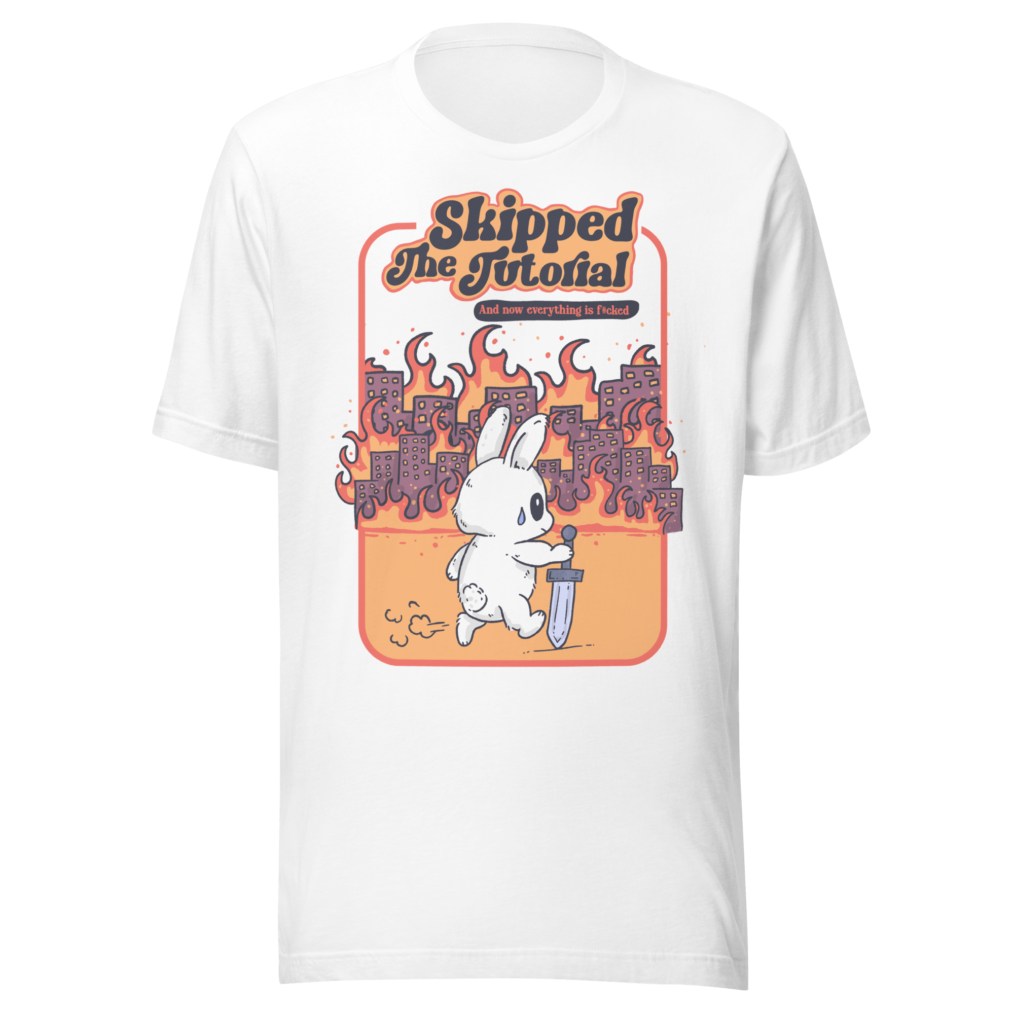 Skipped The Tutorial T-Shirt featuring a bunny charging through a burning city skyline in a vintage design.