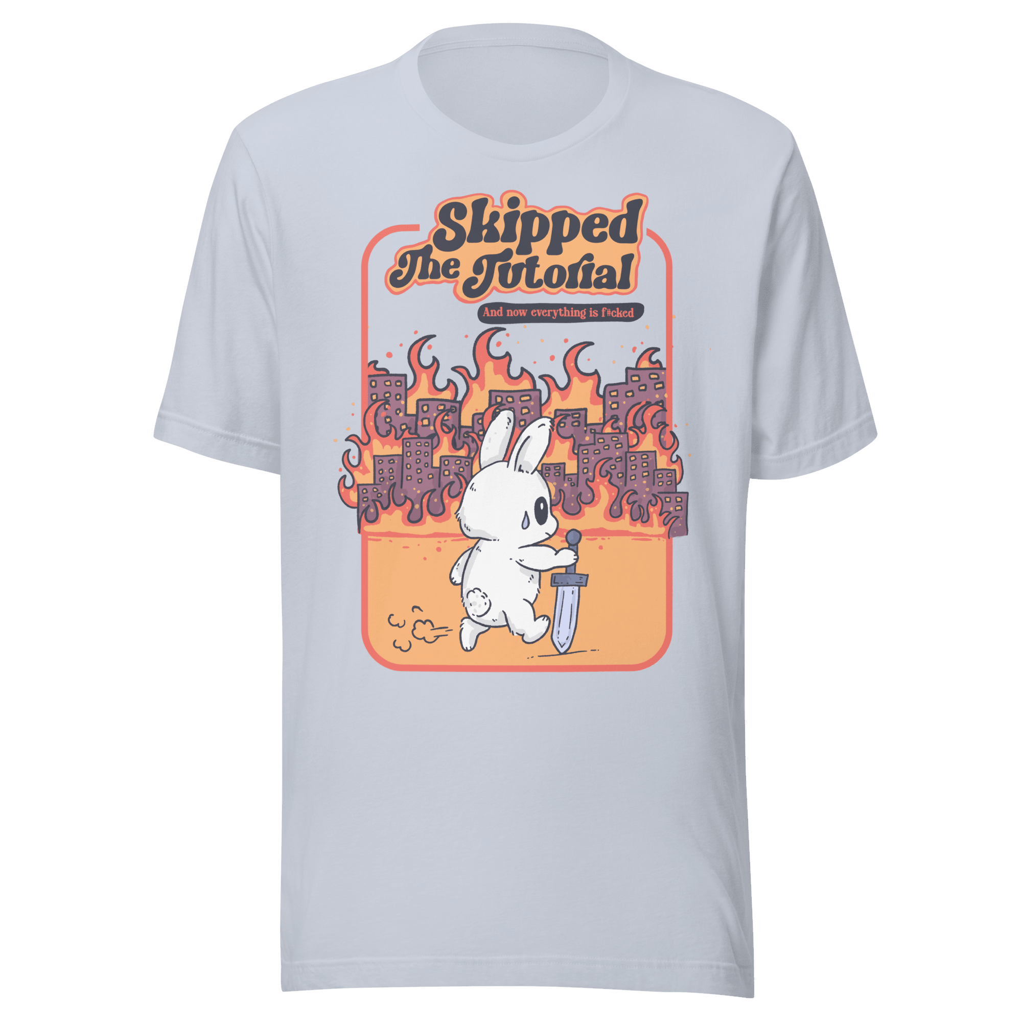 Front view of Skipped The Tutorial T-Shirt featuring a bunny with a sword amidst a burning skyline.