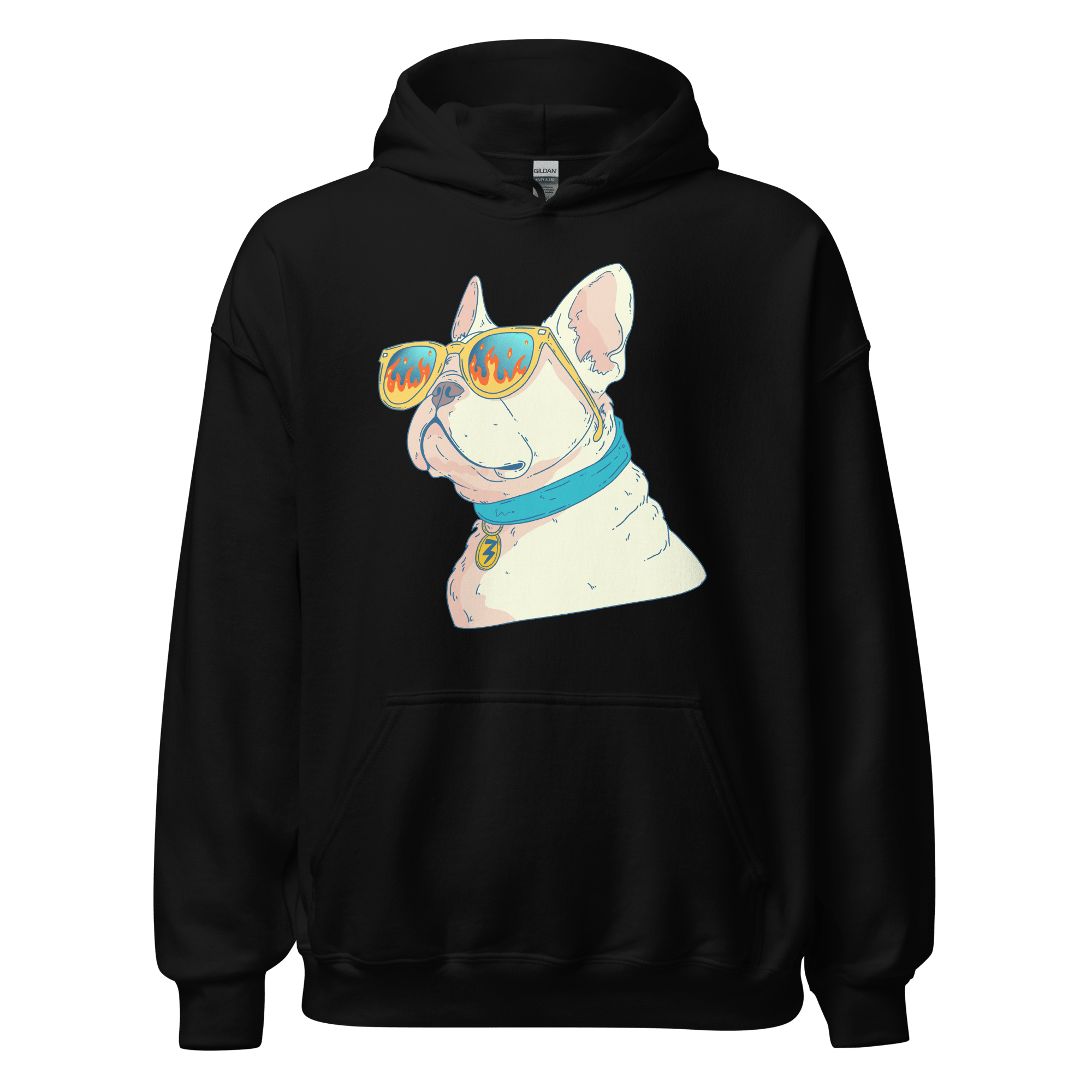 French Bulldog sunglasses hoodie featuring a stylish dog in flame sunglasses and blue collar.