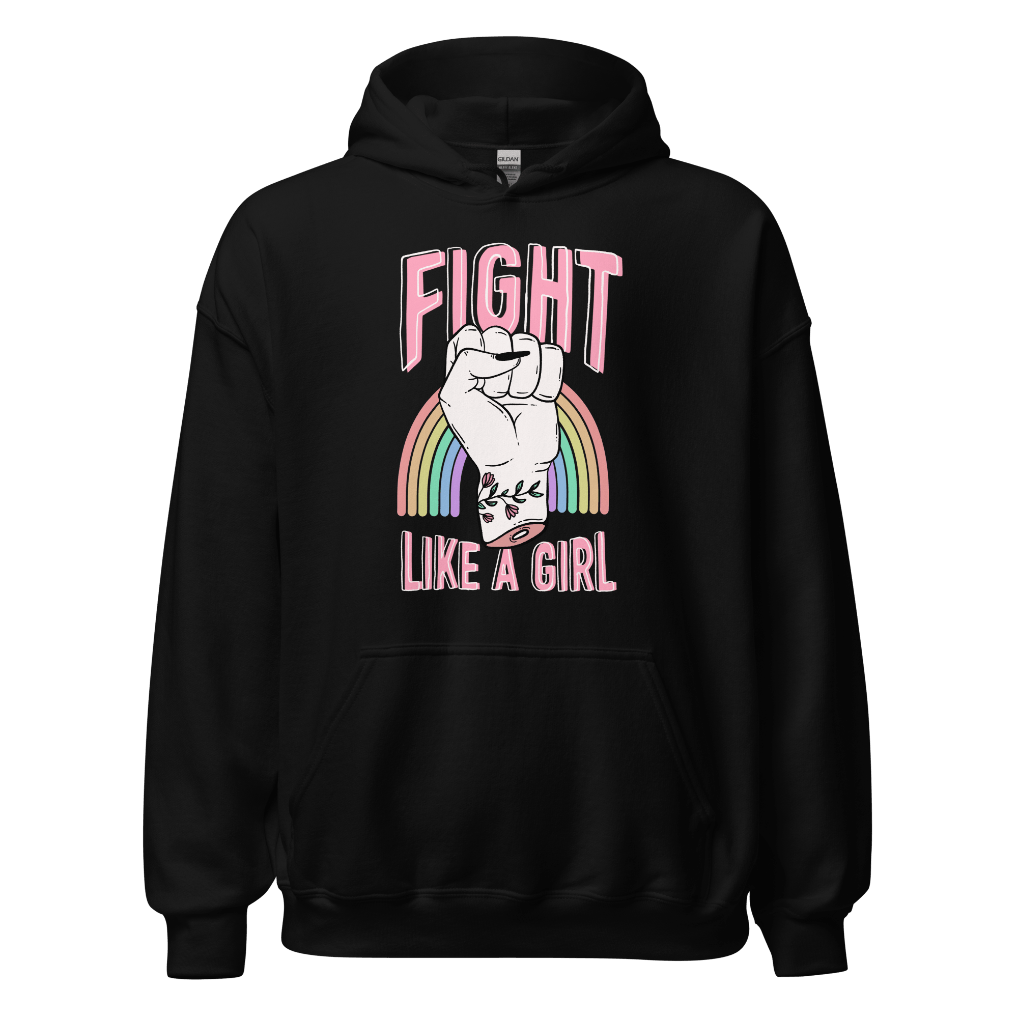Feminist hoodie fight like a girl featuring a raised fist and rainbow design, perfect for empowering women.