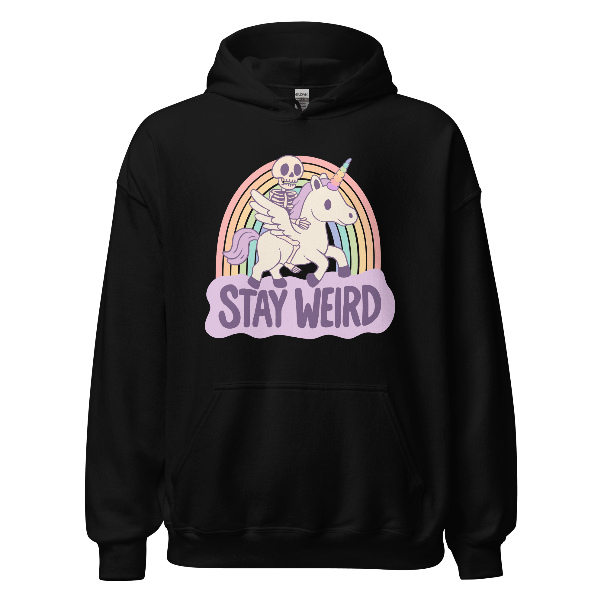 Stay Weird Unicorn Hoodie featuring a skeleton riding a unicorn over a rainbow, perfect for quirky style lovers.