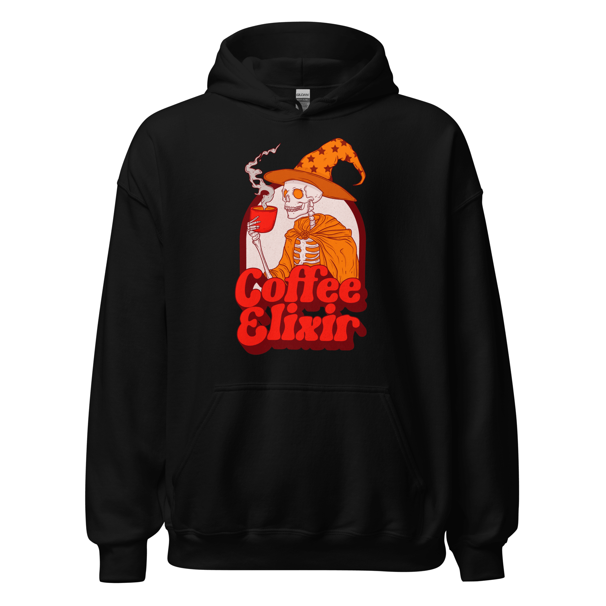 Coffee Elixir Skeleton Hoodie featuring a retro skeleton witch holding a steaming cup.