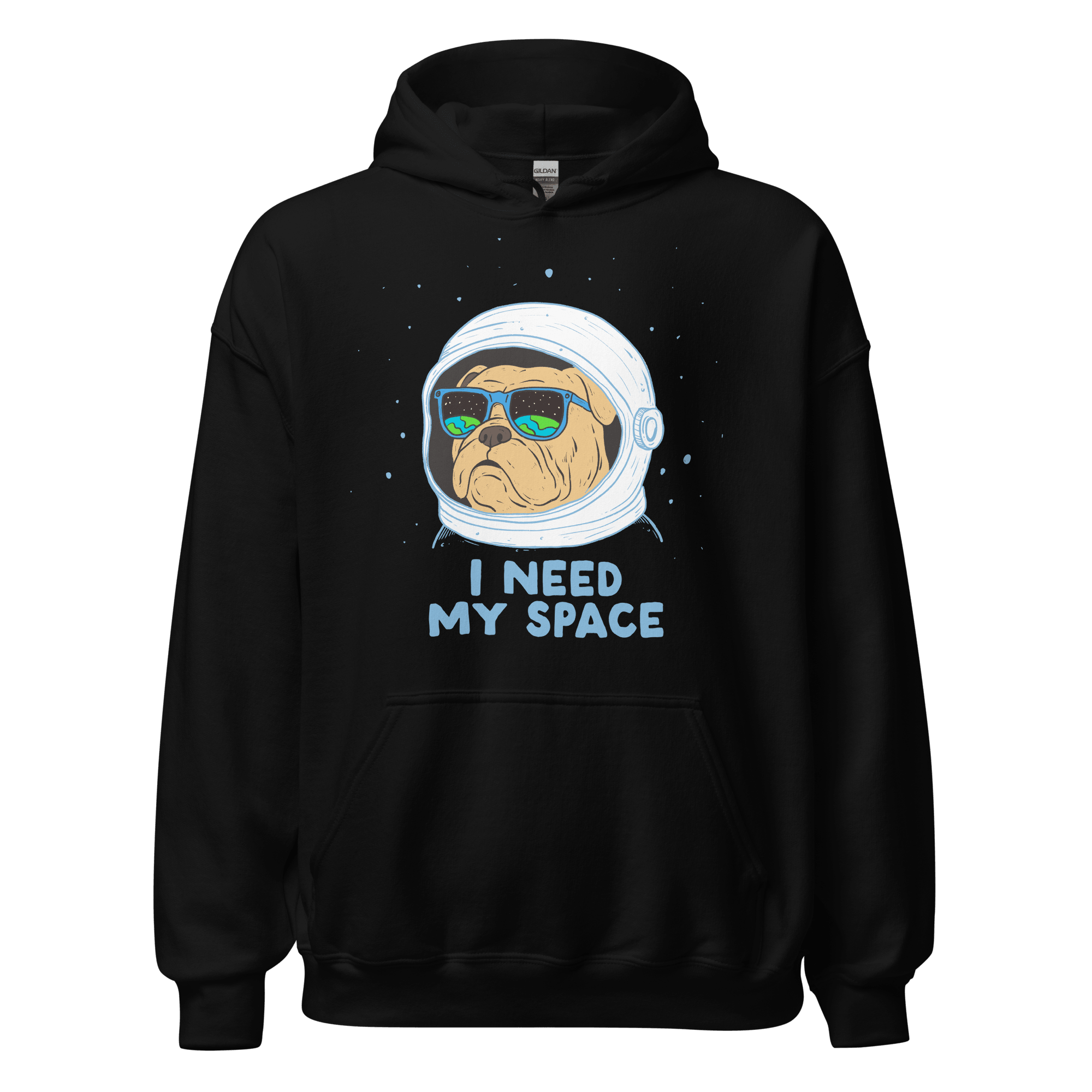 I Need My Space Astronaut Bulldog Hoodie featuring a grumpy bulldog in an astronaut helmet and sunglasses.