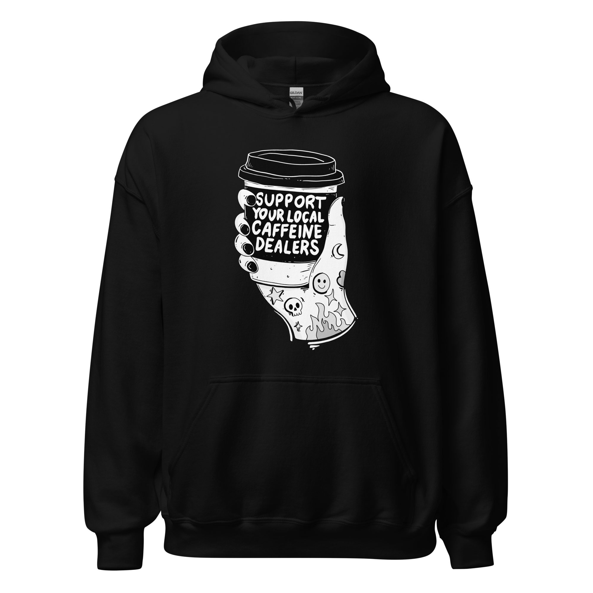 Support Your Local Caffeine Dealers hoodie for coffee lovers, featuring a tattooed hand holding a coffee cup.