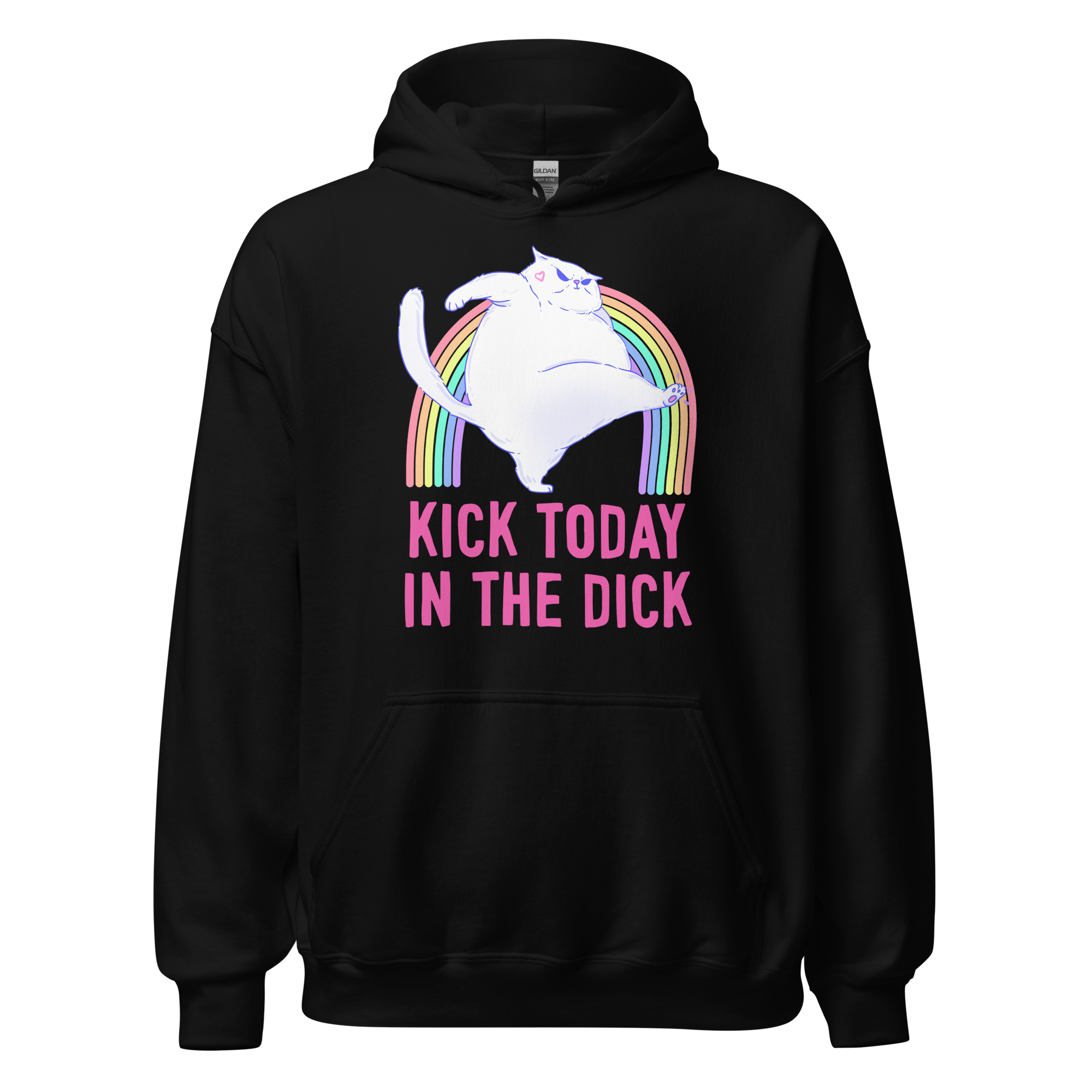 Kick Today in the Dick Hoodie featuring a chonky cat jumping over a rainbow on a pink background.