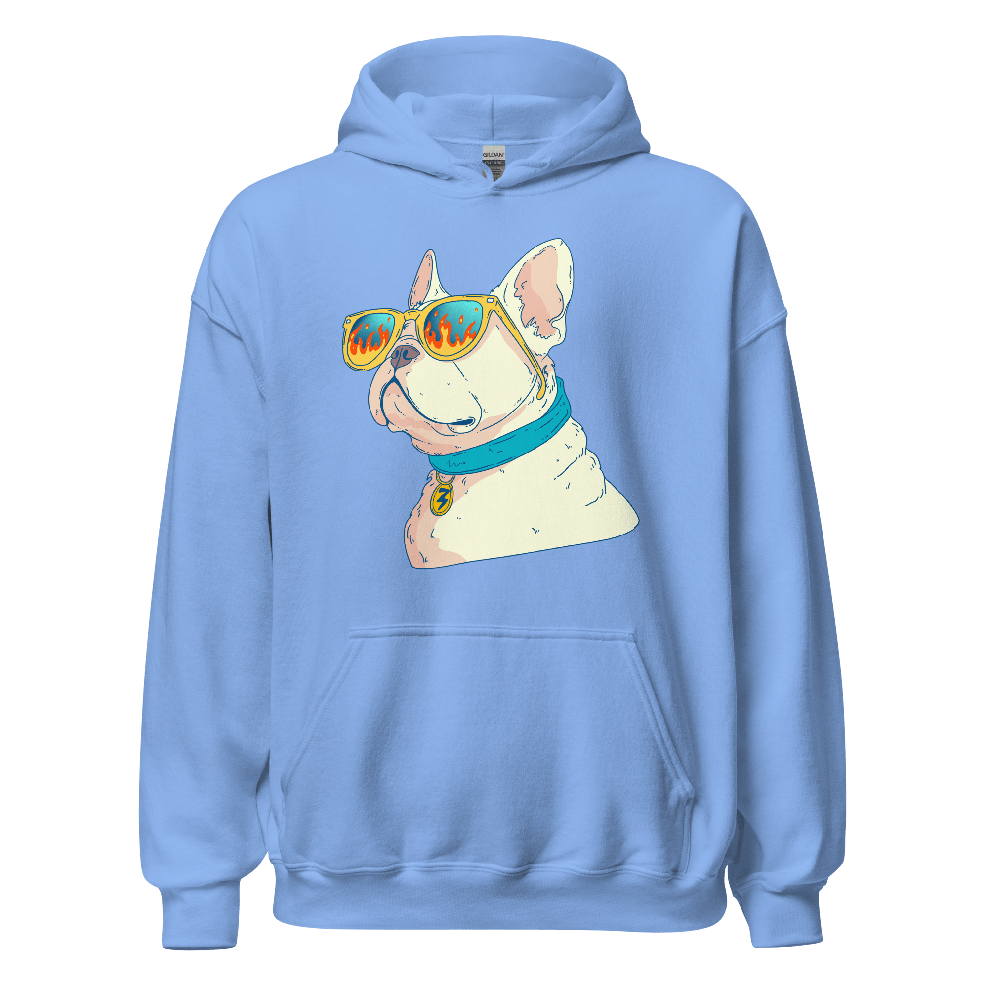 French Bulldog sunglasses hoodie featuring a stylish dog in colorful sunglasses on a blue hoodie.