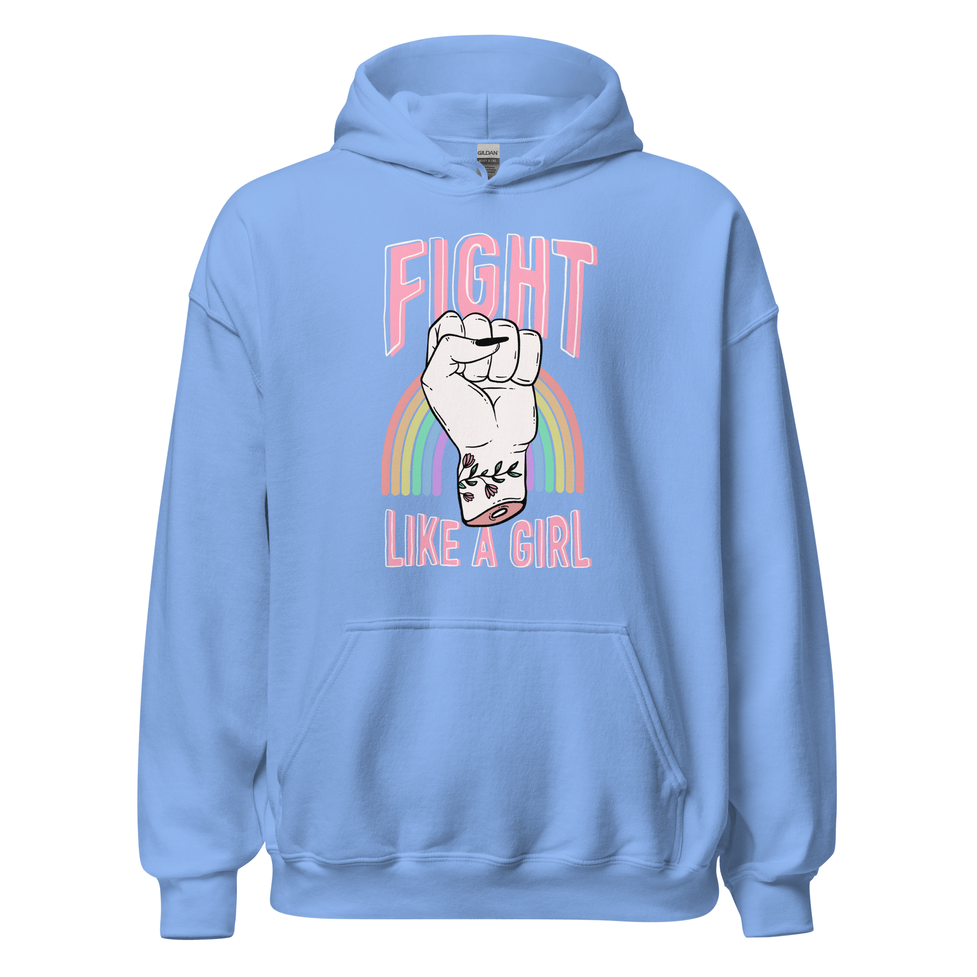 feminist hoodie fight like a girl featuring a tattooed fist and rainbow design in light blue