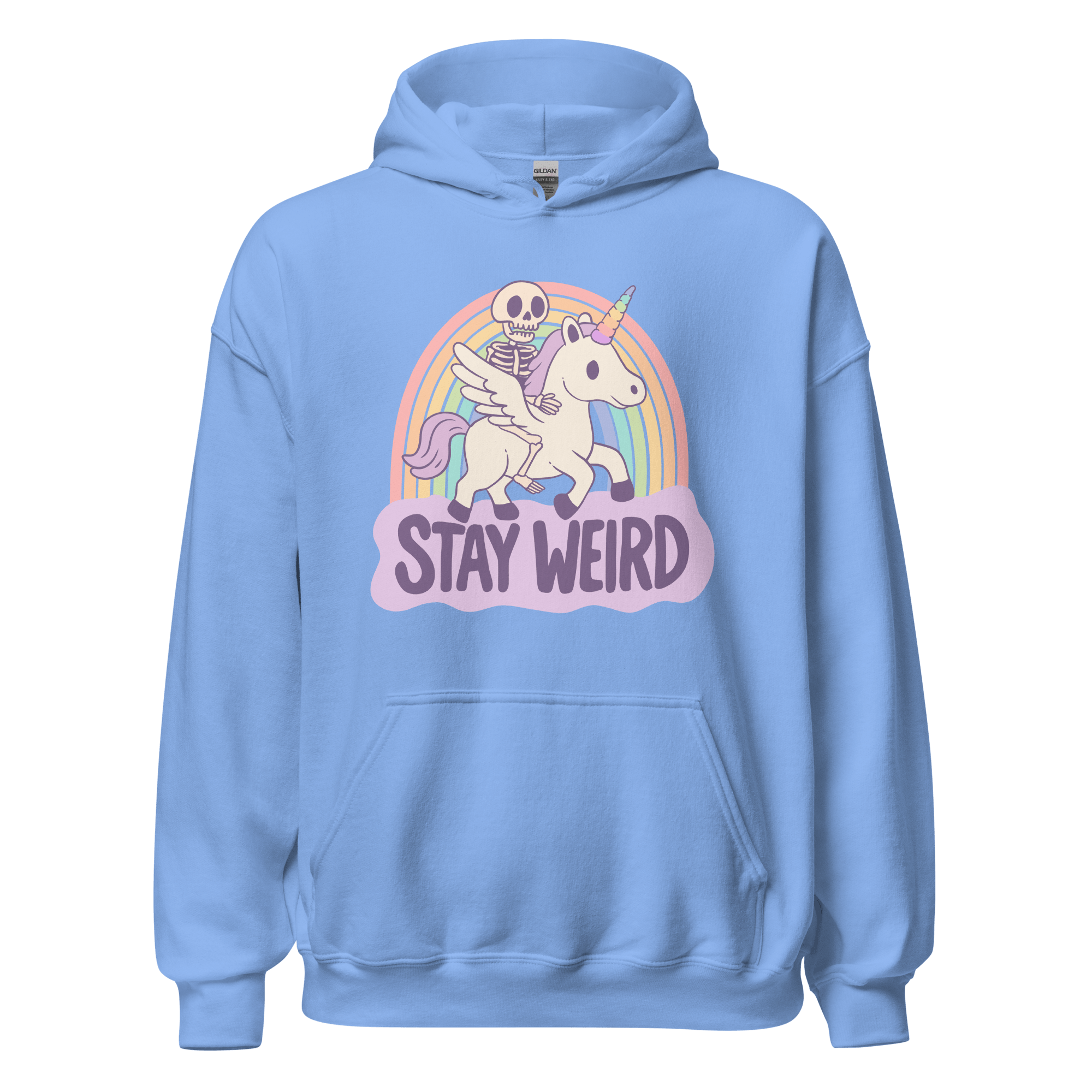 Stay Weird Unicorn Hoodie featuring a skeleton riding a unicorn over a rainbow on a blue hoodie.
