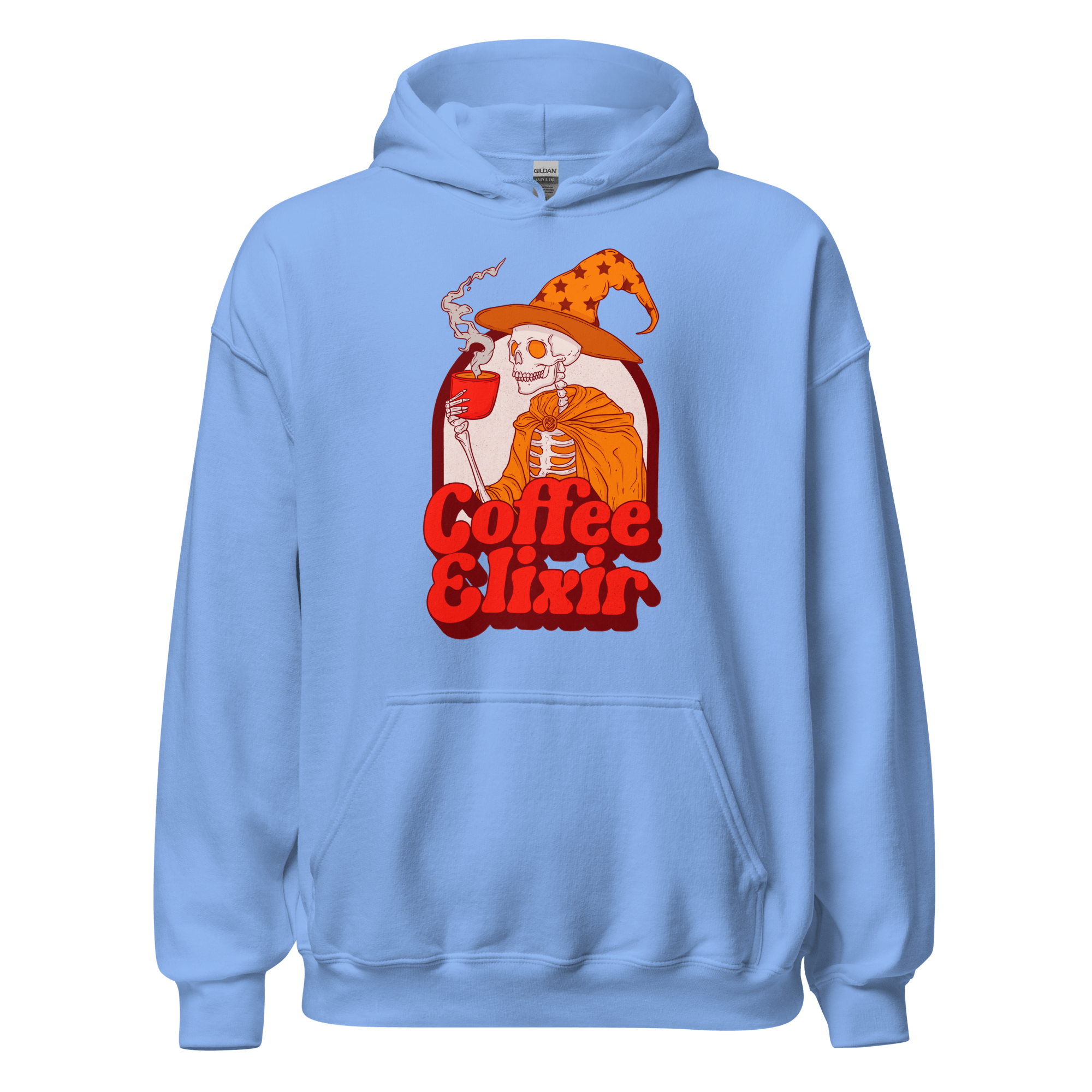 Coffee Elixir Skeleton Hoodie featuring a retro skeleton witch with a steaming cup in a cozy blue design.