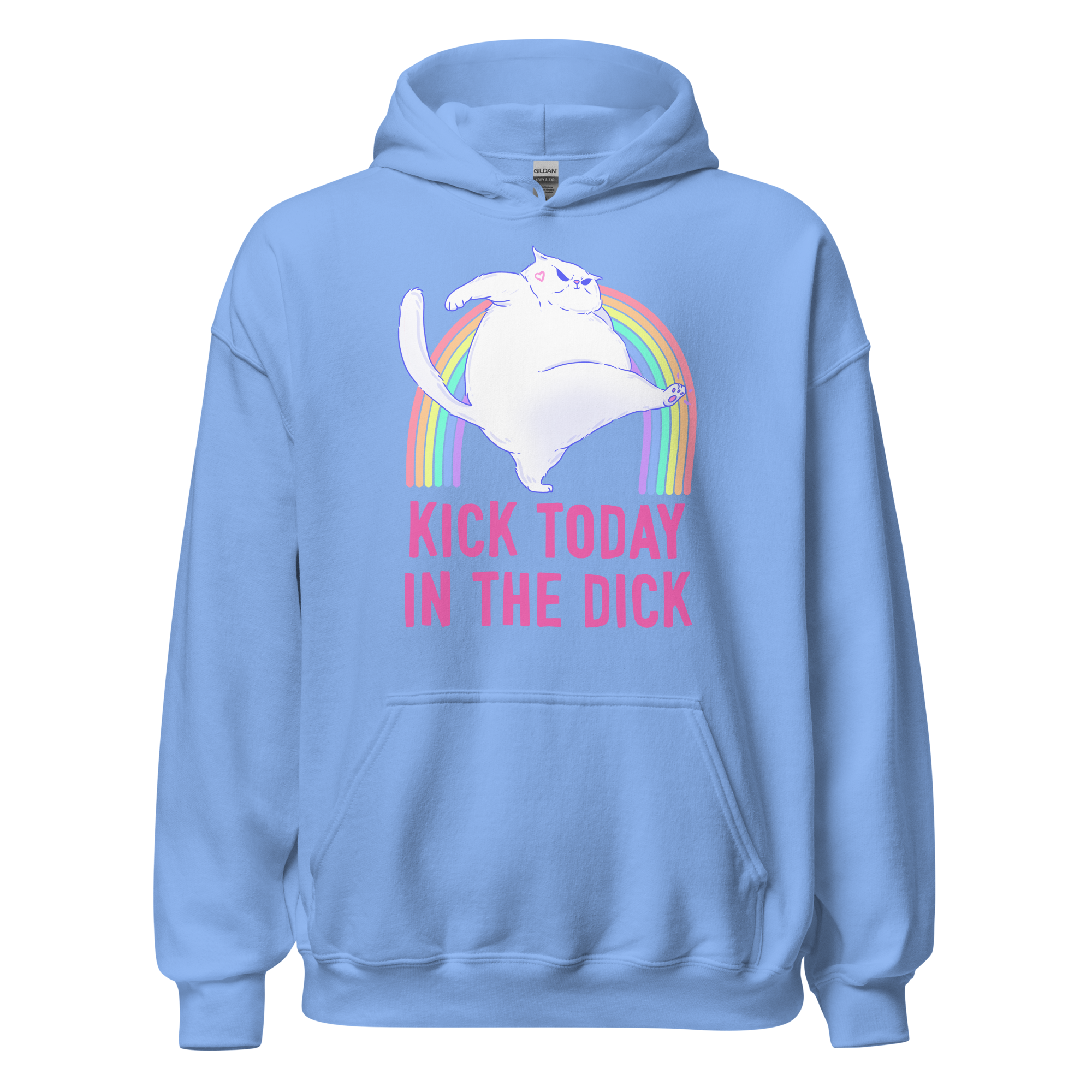 Kick Today in the Dick Hoodie featuring a chonky cat jumping over a rainbow on a pink background.