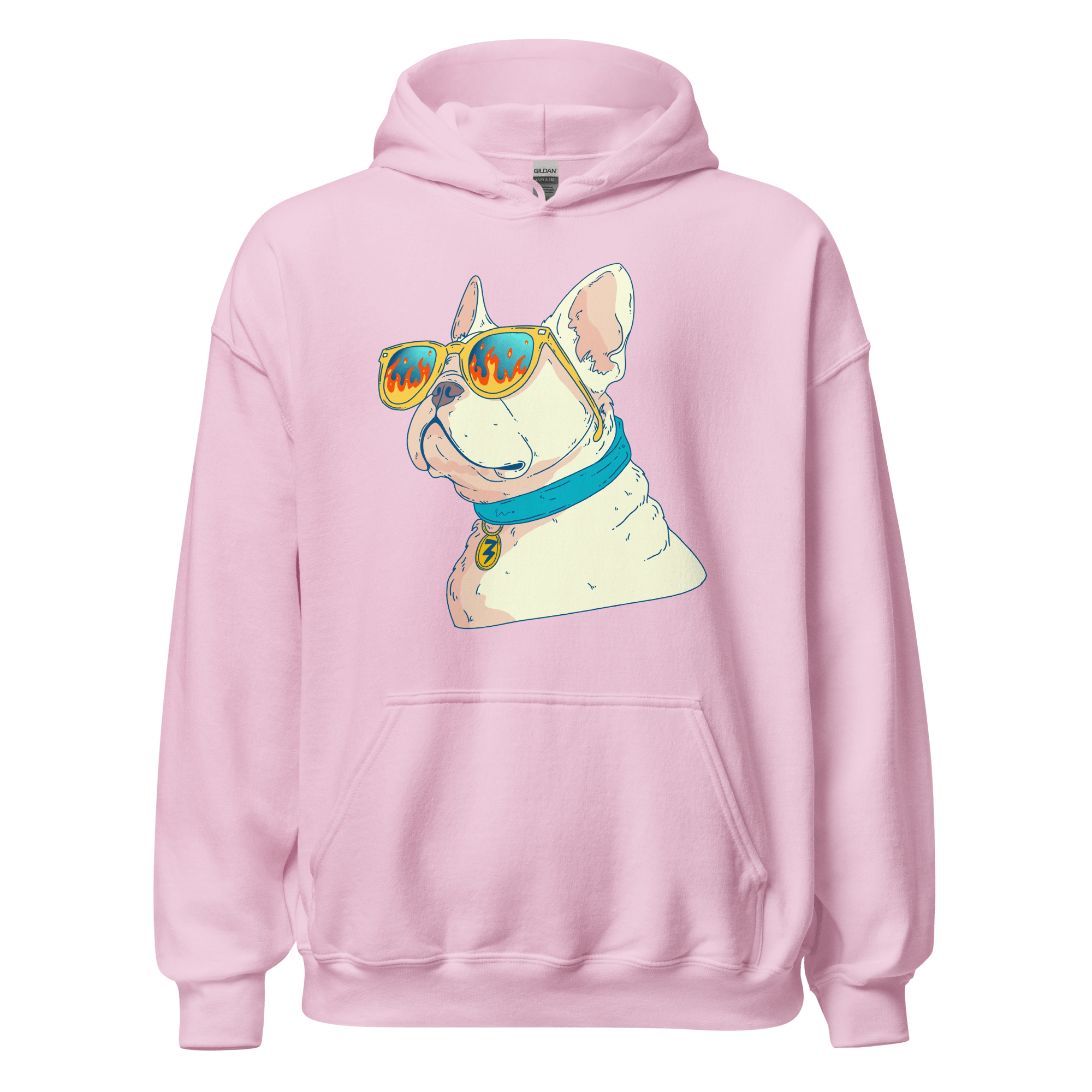French Bulldog sunglasses hoodie featuring a stylish dog in sunglasses on a pink hoodie.