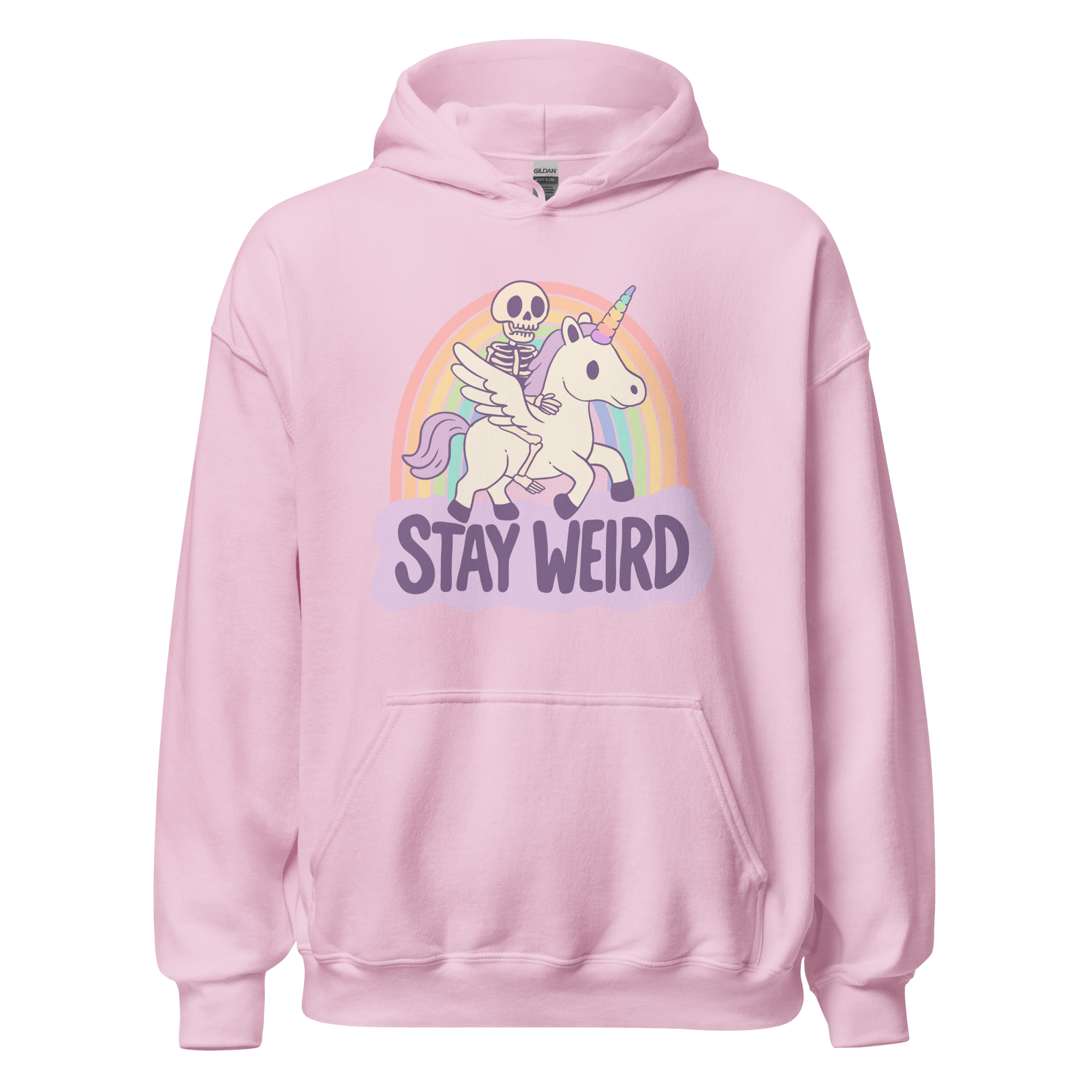 Stay Weird Unicorn Hoodie featuring a skeleton riding a unicorn over a rainbow.