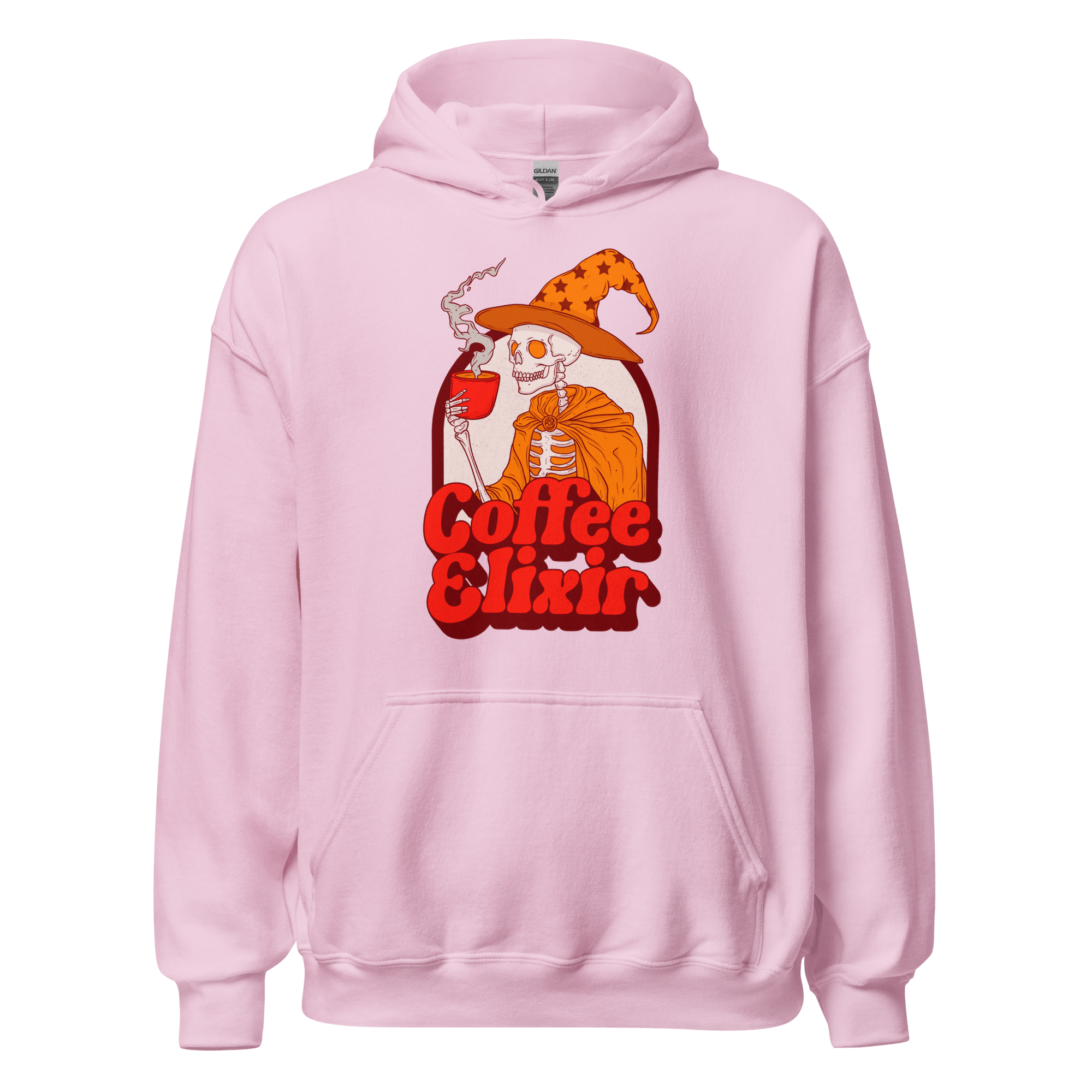 Coffee Elixir Skeleton Hoodie featuring a retro skeleton witch holding a cup in a cozy pink design.