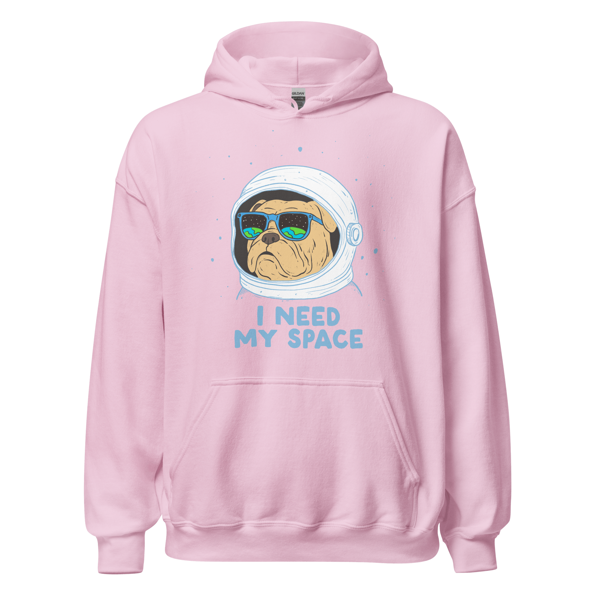 I Need My Space Astronaut Bulldog Hoodie featuring a bulldog in an astronaut helmet and sunglasses.
