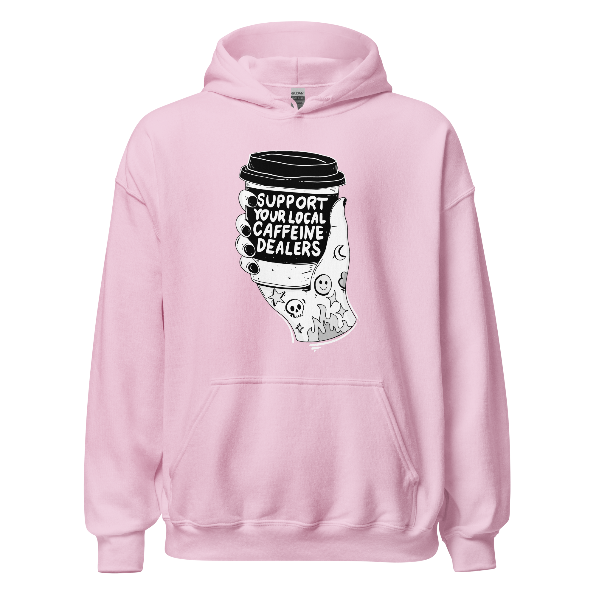 Support Your Local Caffeine Dealers hoodie for coffee lovers, featuring a tattooed hand holding a coffee cup.