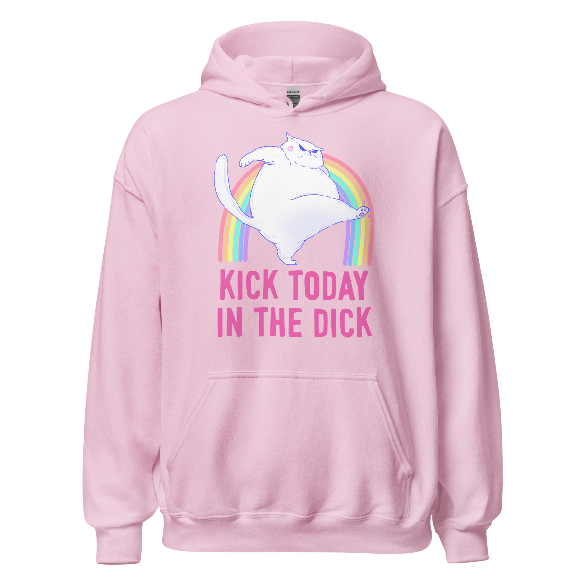 Kick Today in the Dick Hoodie featuring a chonky cat jumping over a rainbow on a pink background.
