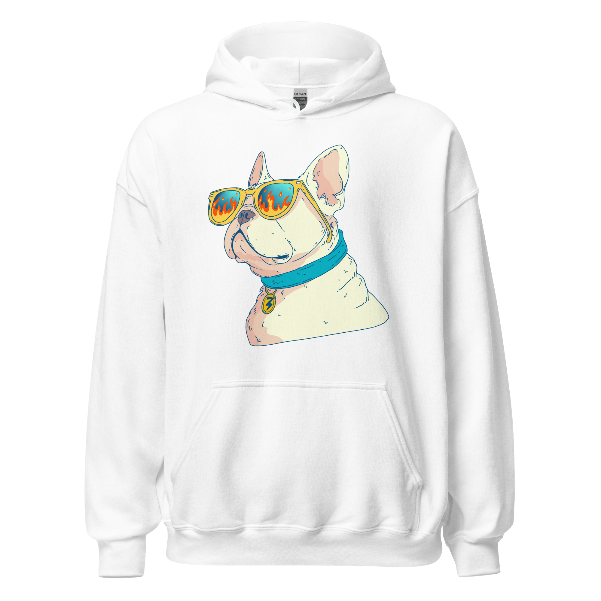 French Bulldog sunglasses hoodie featuring a stylish dog in sunglasses and a blue collar, perfect for dog lovers.