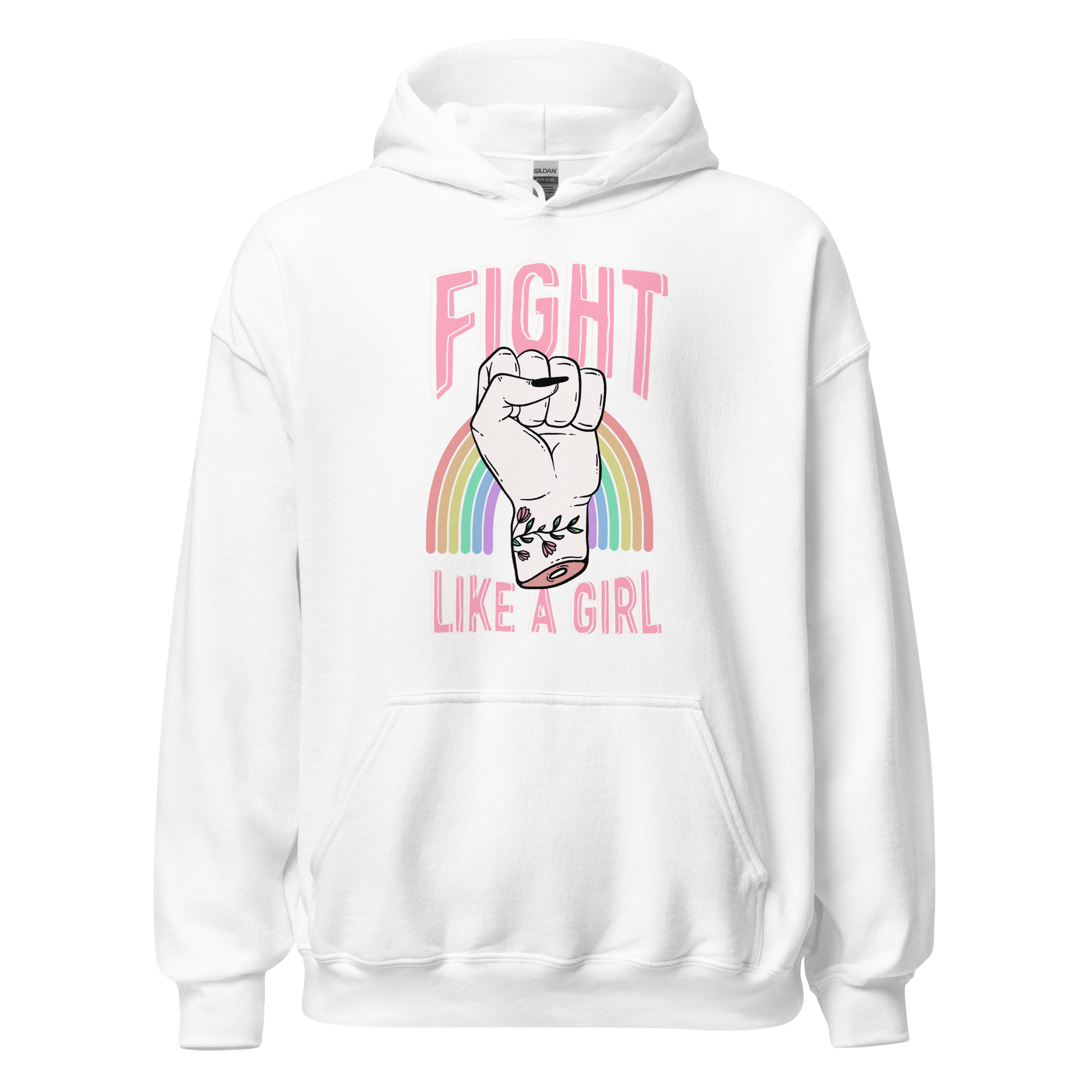 feminist hoodie fight like a girl featuring a raised fist and rainbow design, perfect for strong women.