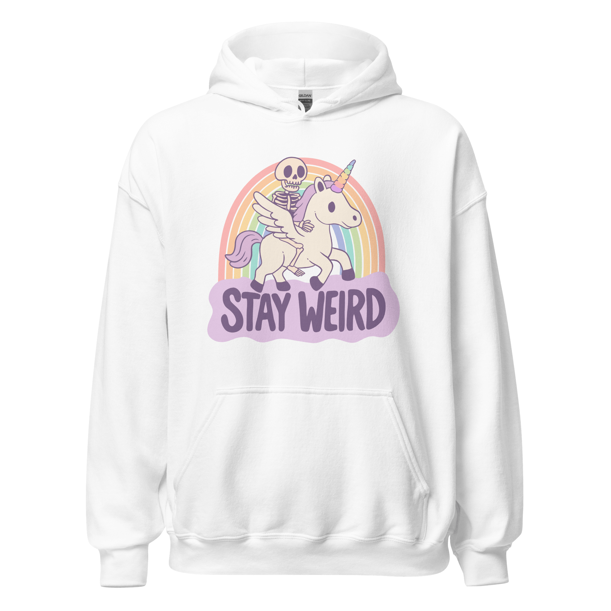 Stay Weird Unicorn Hoodie featuring a cheerful skeleton riding a unicorn over a rainbow, perfect for quirky style.
