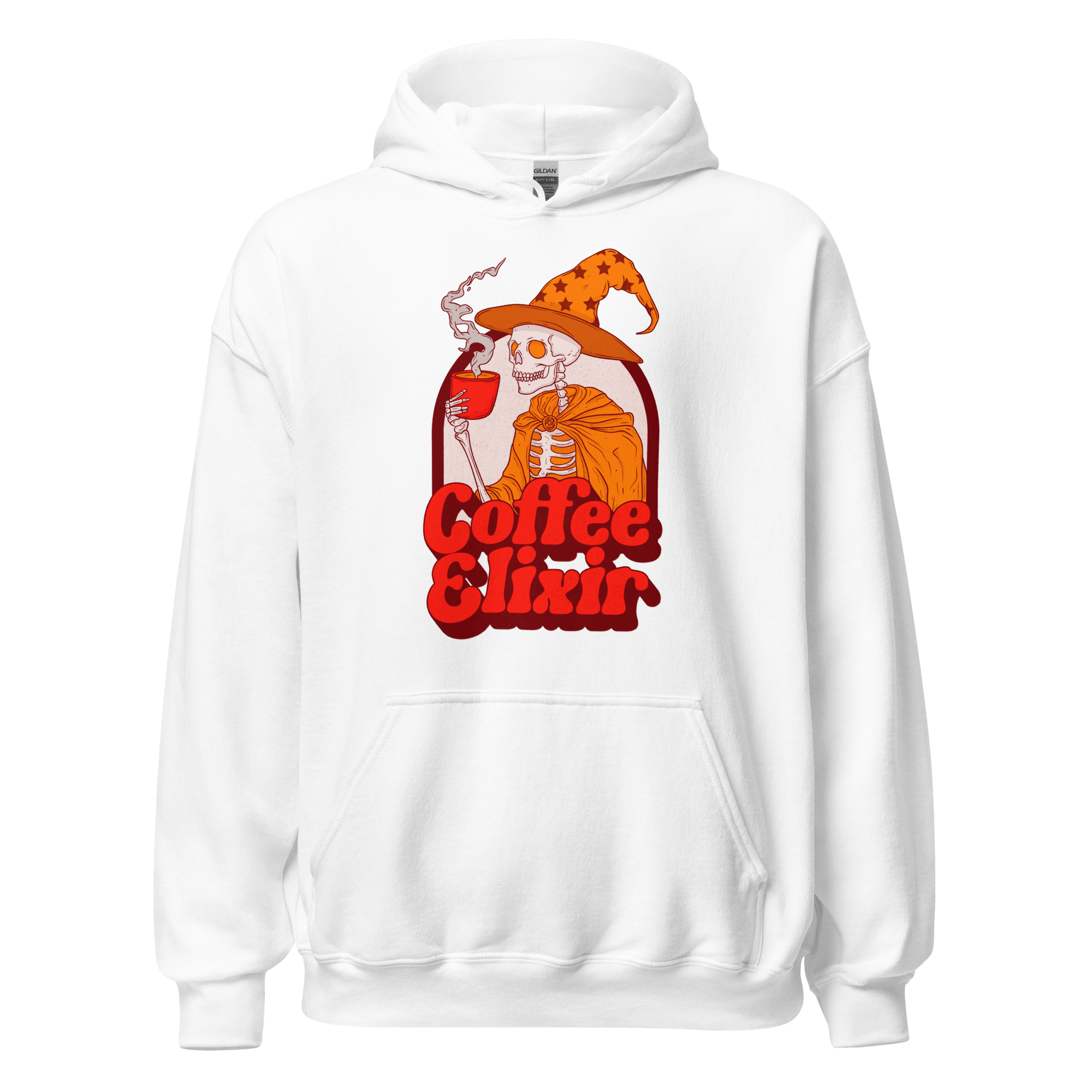 Coffee Elixir Skeleton Hoodie featuring a retro skeleton witch holding a steaming cup, perfect for spooky season.