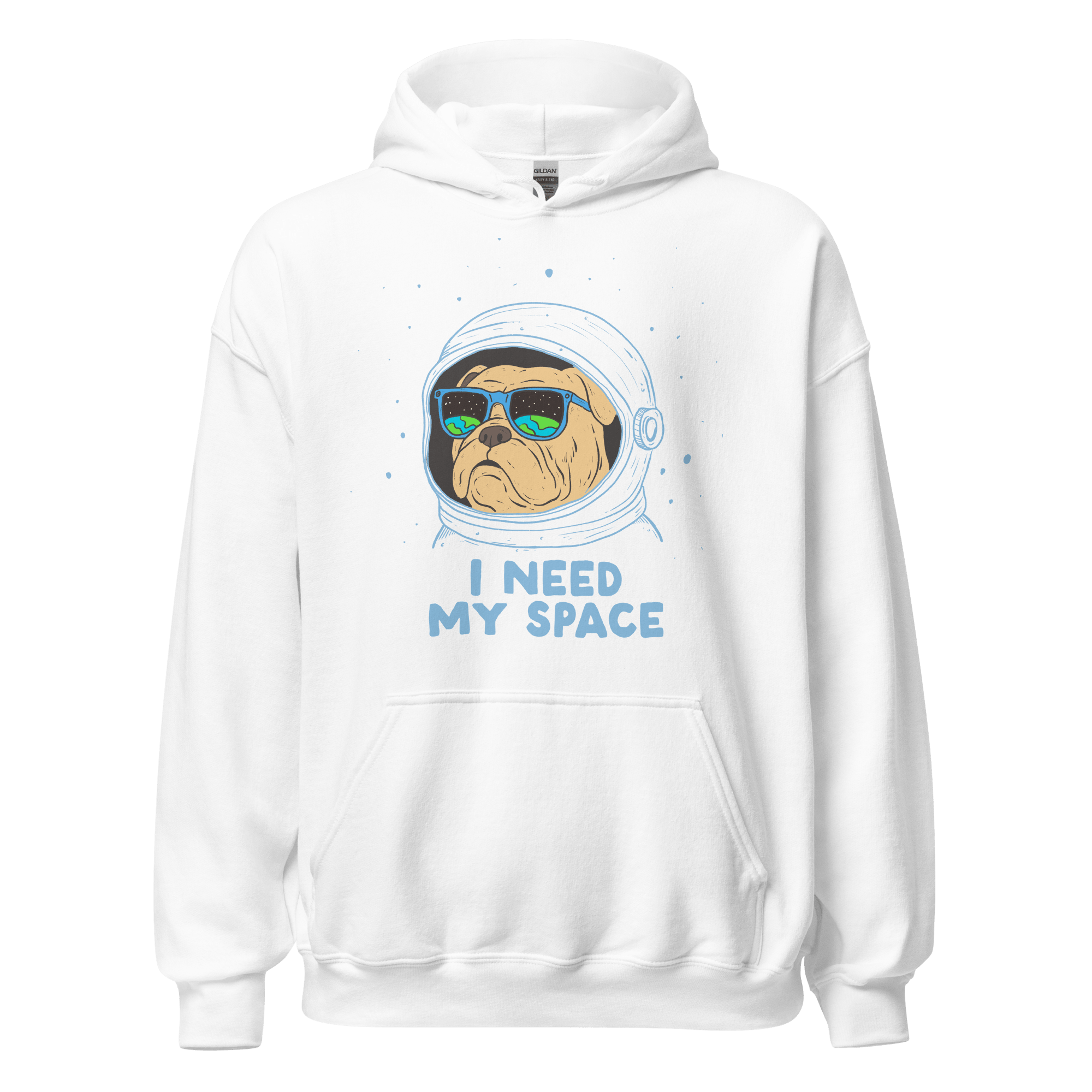 I Need My Space Astronaut Bulldog Hoodie featuring a bulldog in an astronaut helmet and sunglasses.
