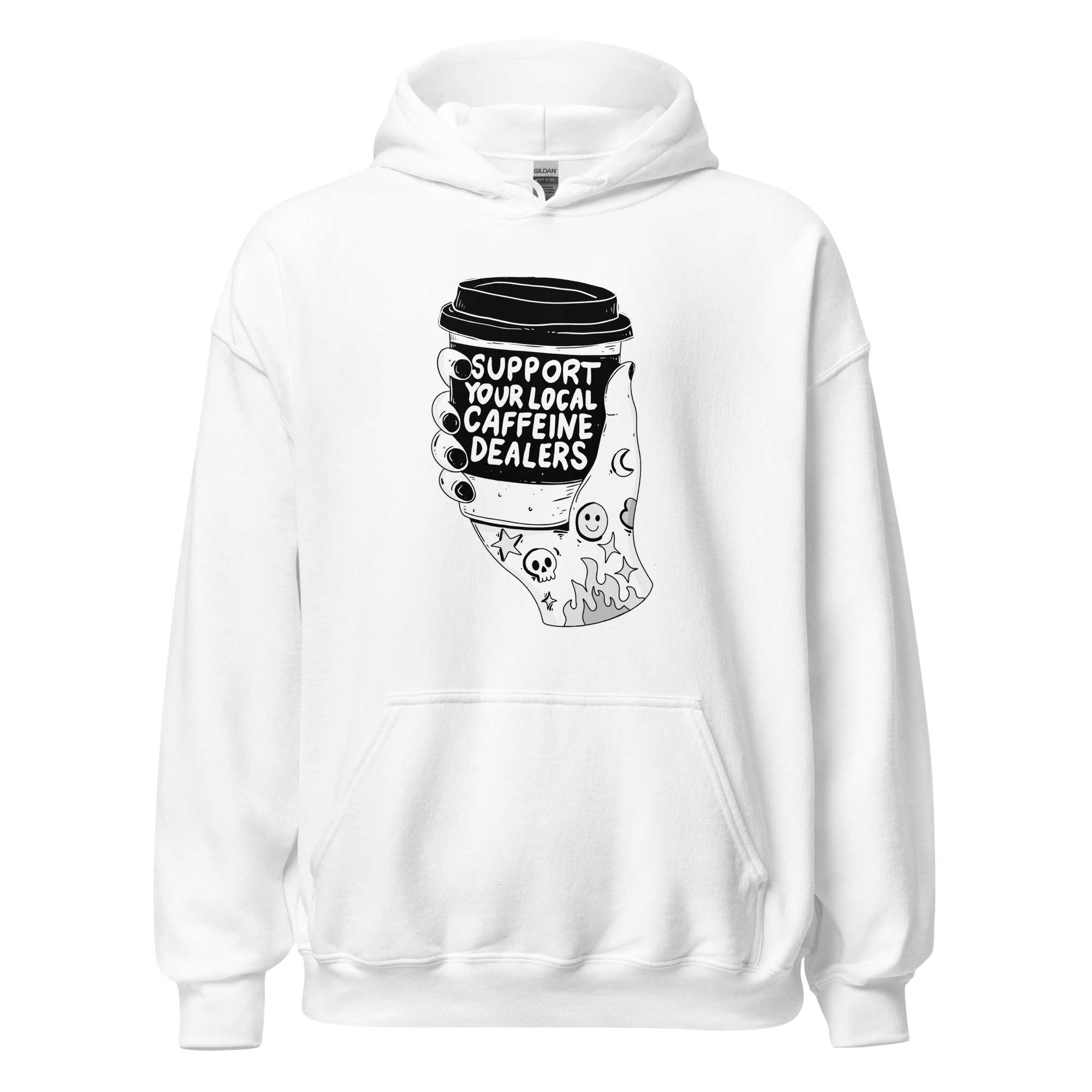 Support Your Local Caffeine Dealers hoodie for coffee lovers, featuring a tattooed hand holding a coffee cup.