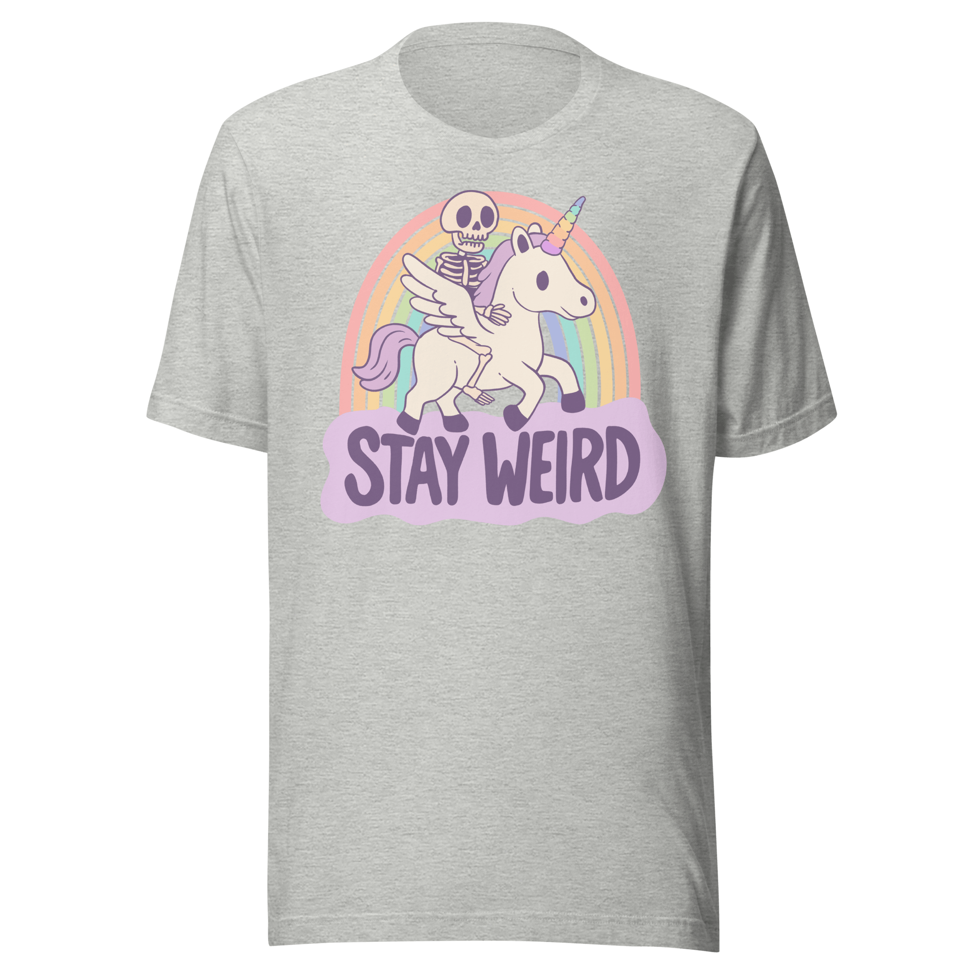 Stay weird unicorn t-shirt featuring a skeleton riding a unicorn over a rainbow.