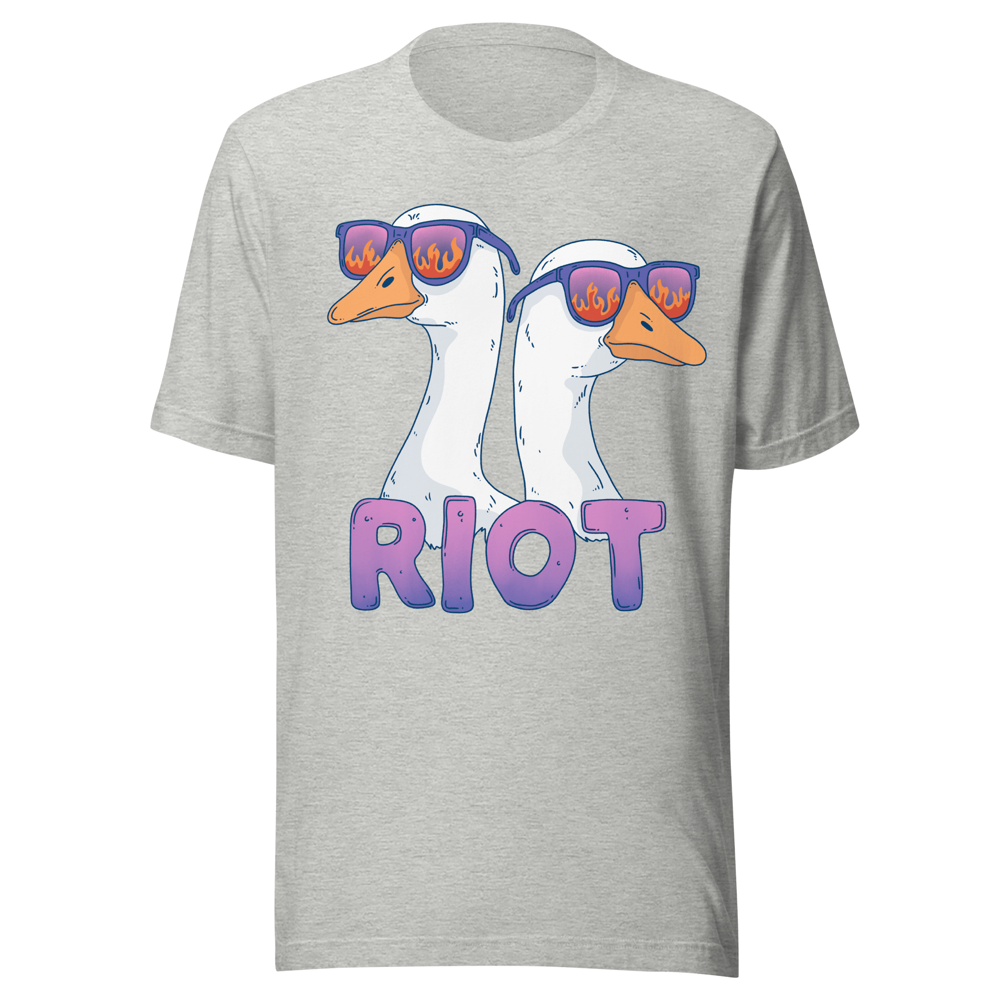 Riot Geese t-shirt featuring two geese in flame sunglasses with the word RIOT in bold colorful letters.