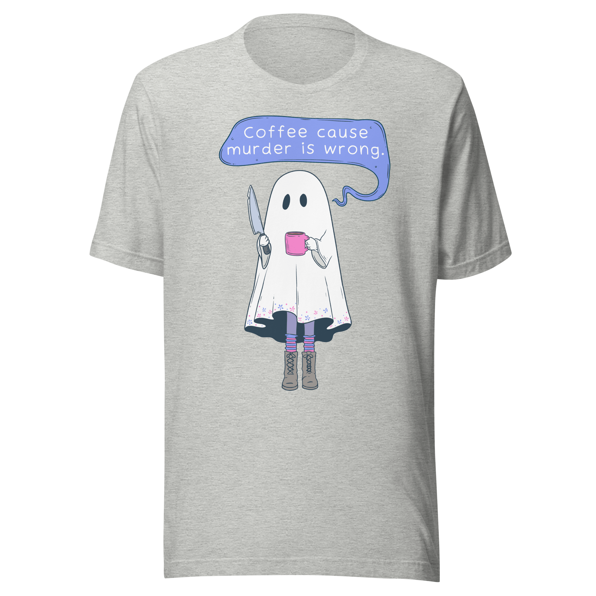 Coffee Cause Murder Is Wrong t-shirt featuring a ghost with a knife and coffee cup