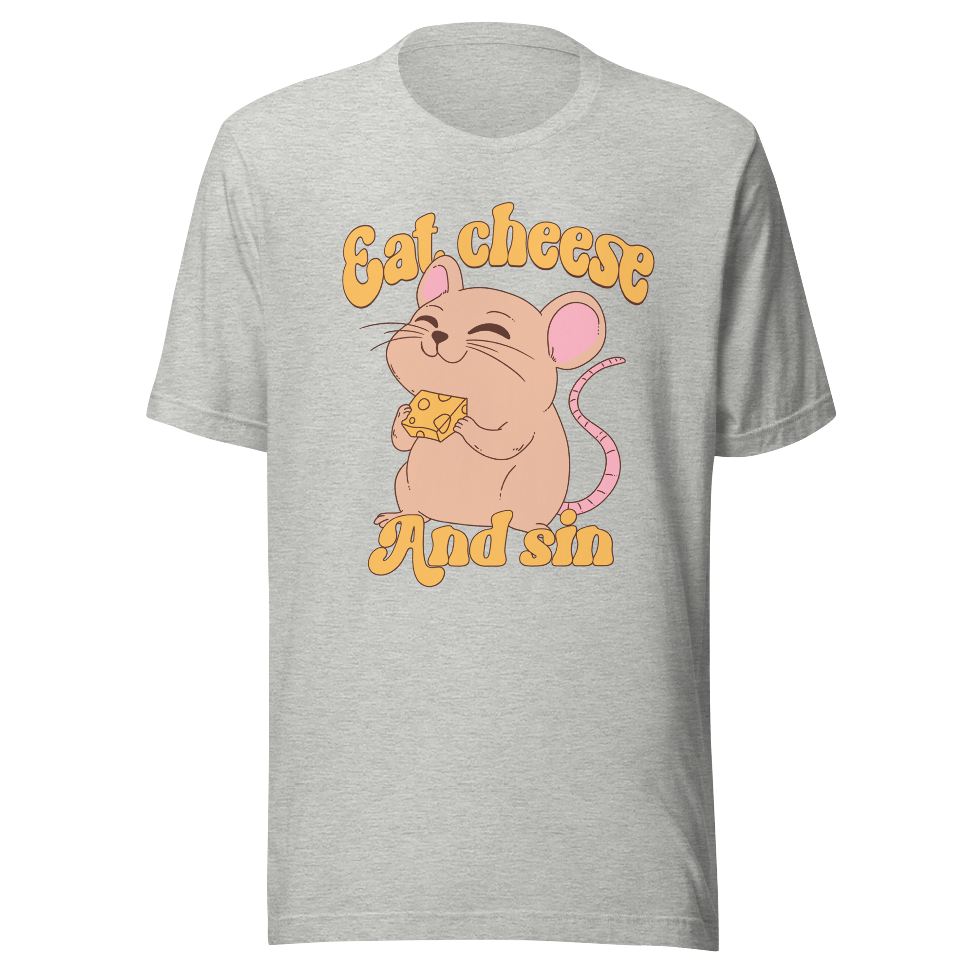 Eat Cheese and Sin Mouse t-shirt featuring a happy mouse with cheese design on a light gray t-shirt.