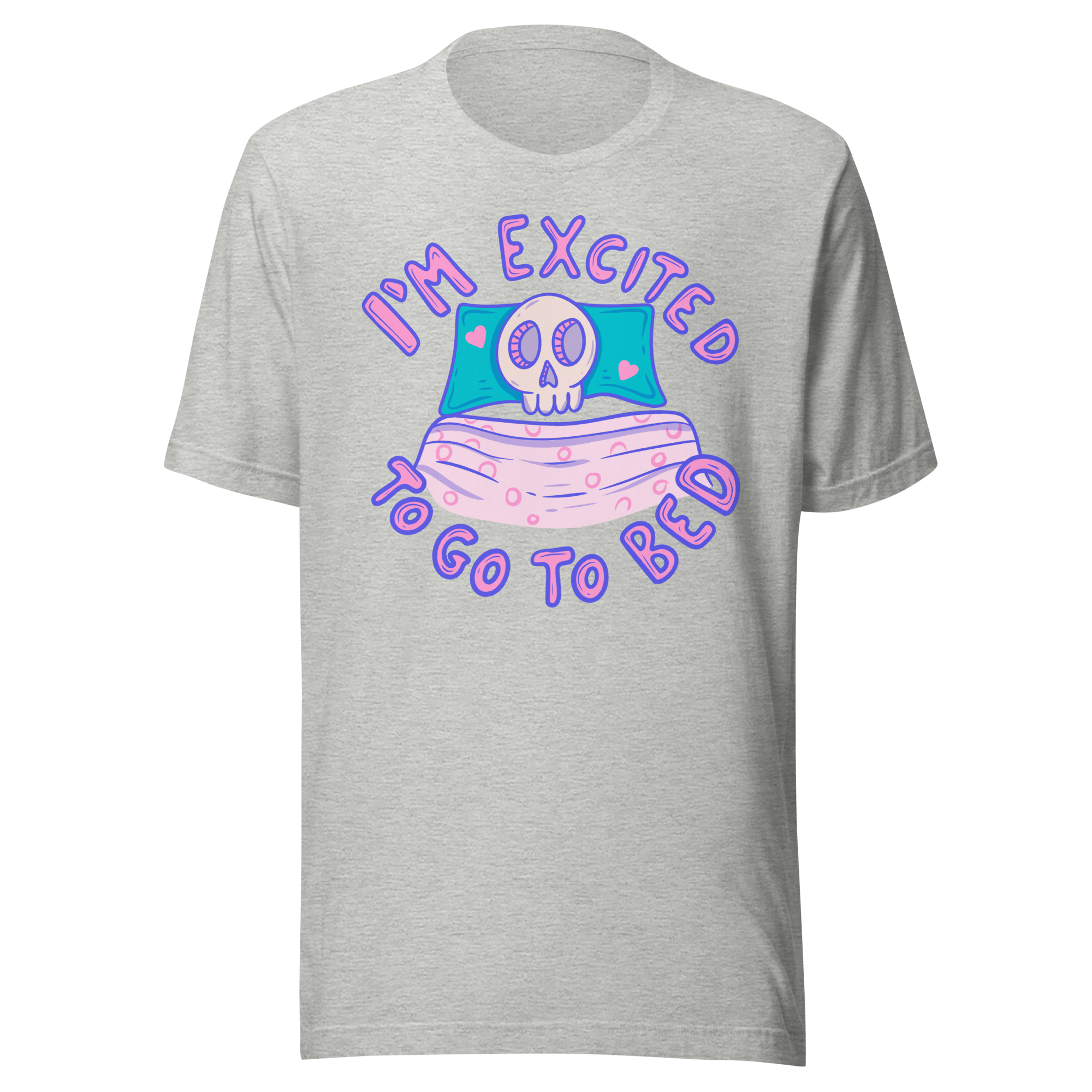 Excited to go to bed t-shirt featuring a cozy skull in bed with hearts, perfect for introverts.