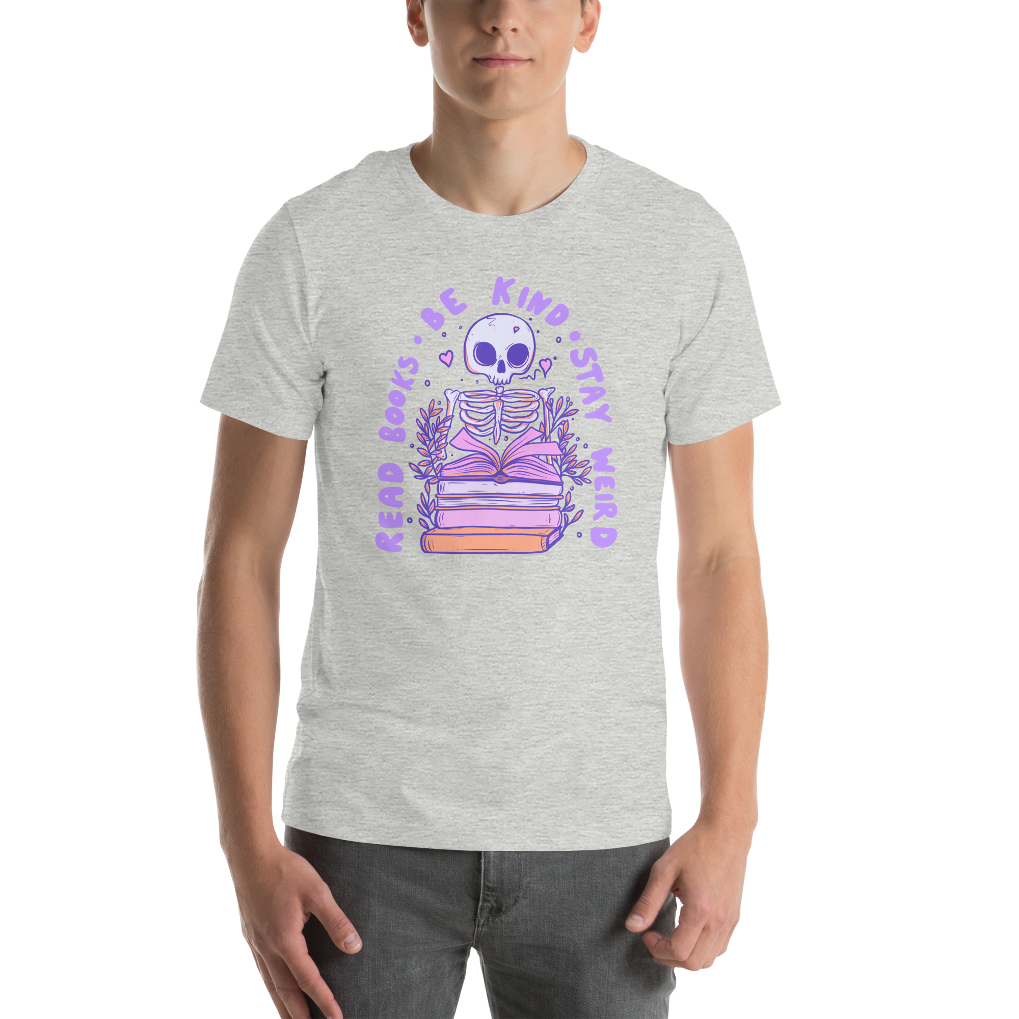 Bookish T-Shirt featuring a pastel skeleton with books and the phrase 'Read Books Be Kind Stay Weird'