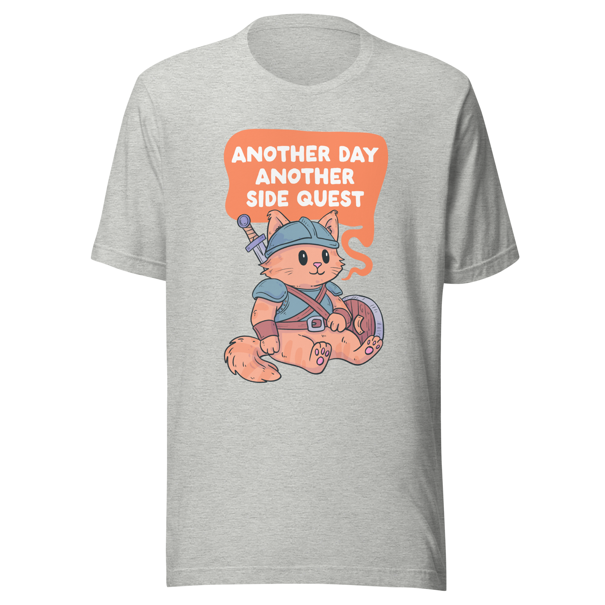 Another Day Another Side Quest t-shirt featuring an armored cat warrior, perfect for gaming t-shirts for gamers.