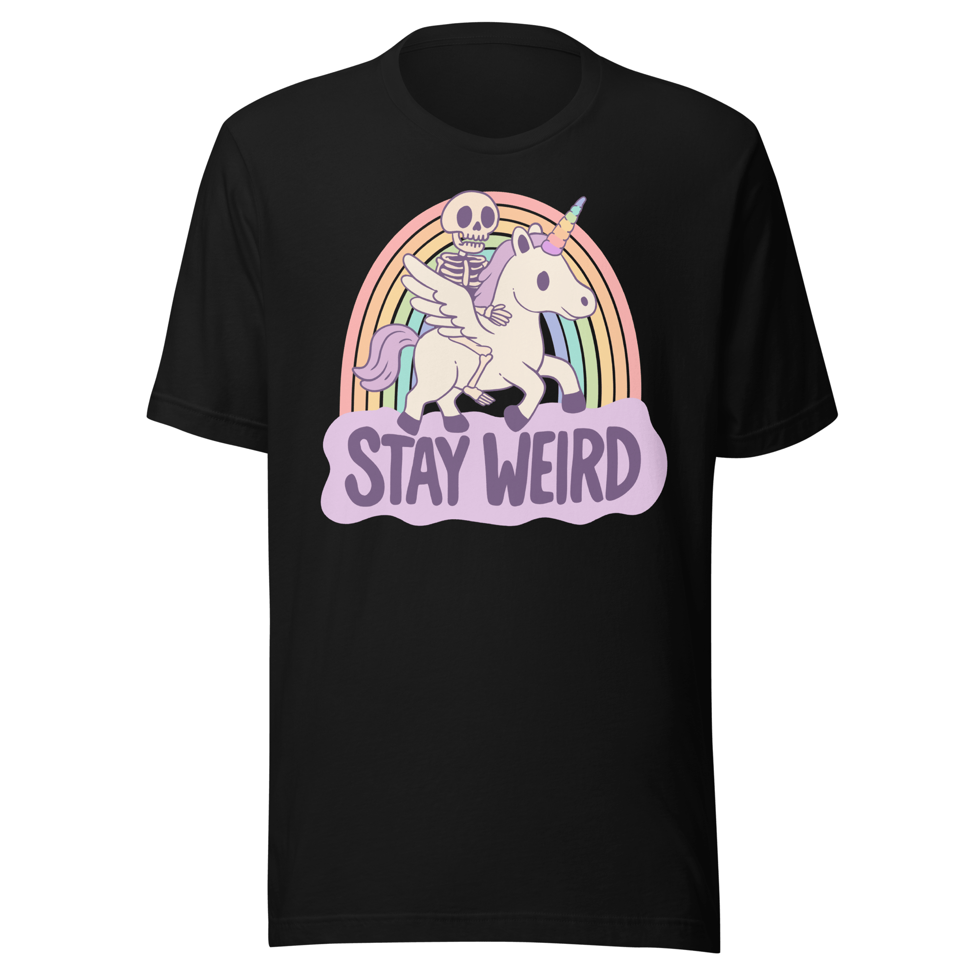 Stay weird unicorn t-shirt featuring a cheerful skeleton on a winged unicorn over a rainbow.