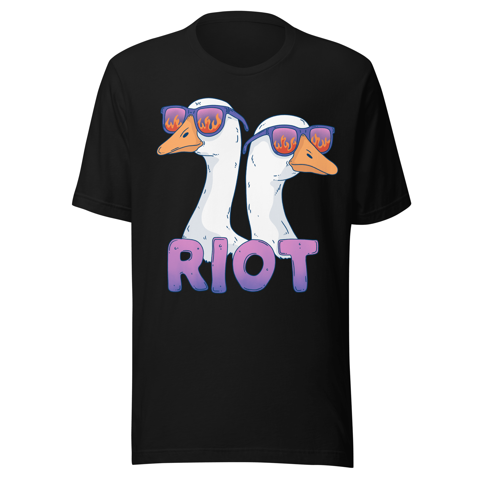 Riot Geese t-shirt featuring two geese in flame sunglasses with a bold riot design.