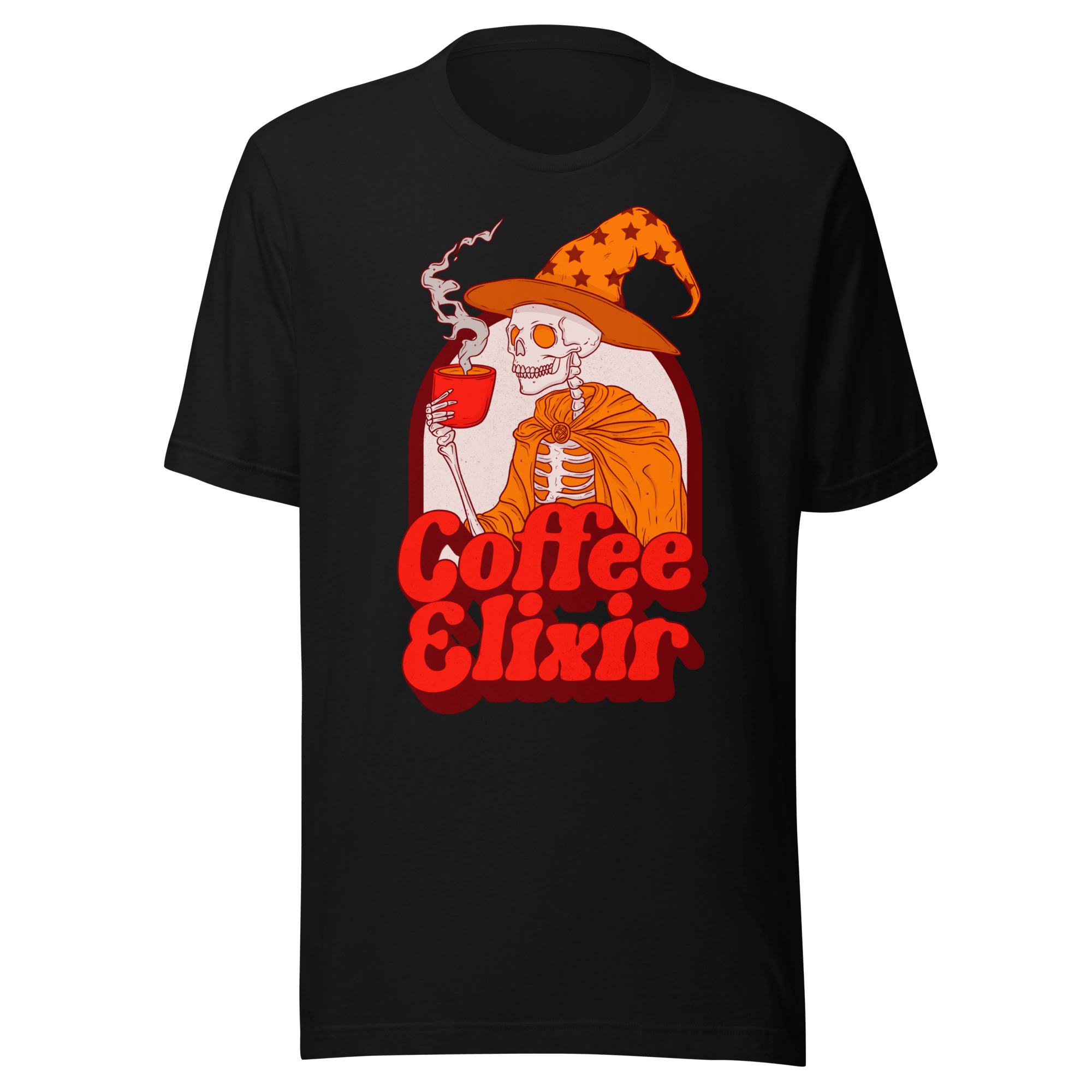 Coffee Elixir Skeleton t-shirt featuring a skeleton in a witch hat, holding a cup of coffee.